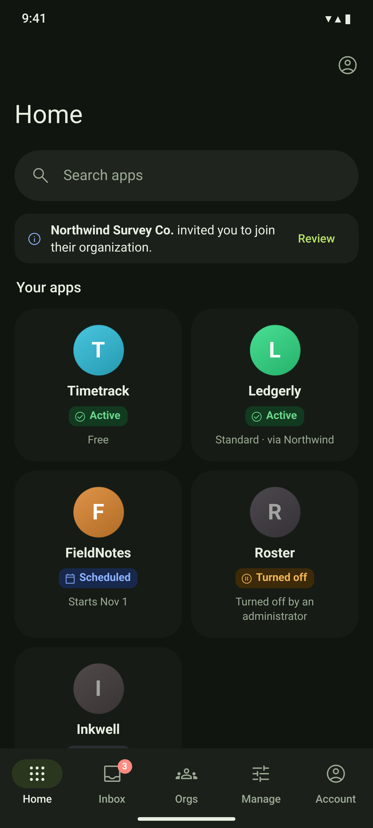 APP-01 · Home — My Apps (Free/Standard tiers) — dark
