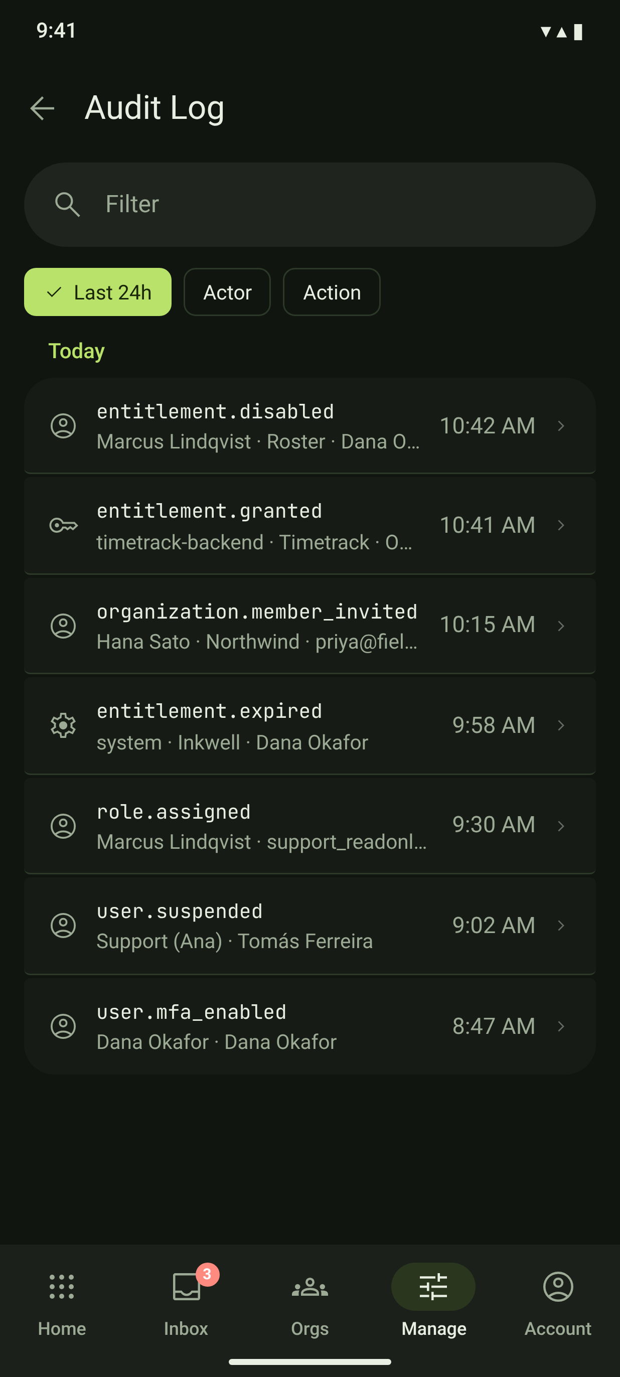 AUD-01 + AUD-02 · Audit log — dark