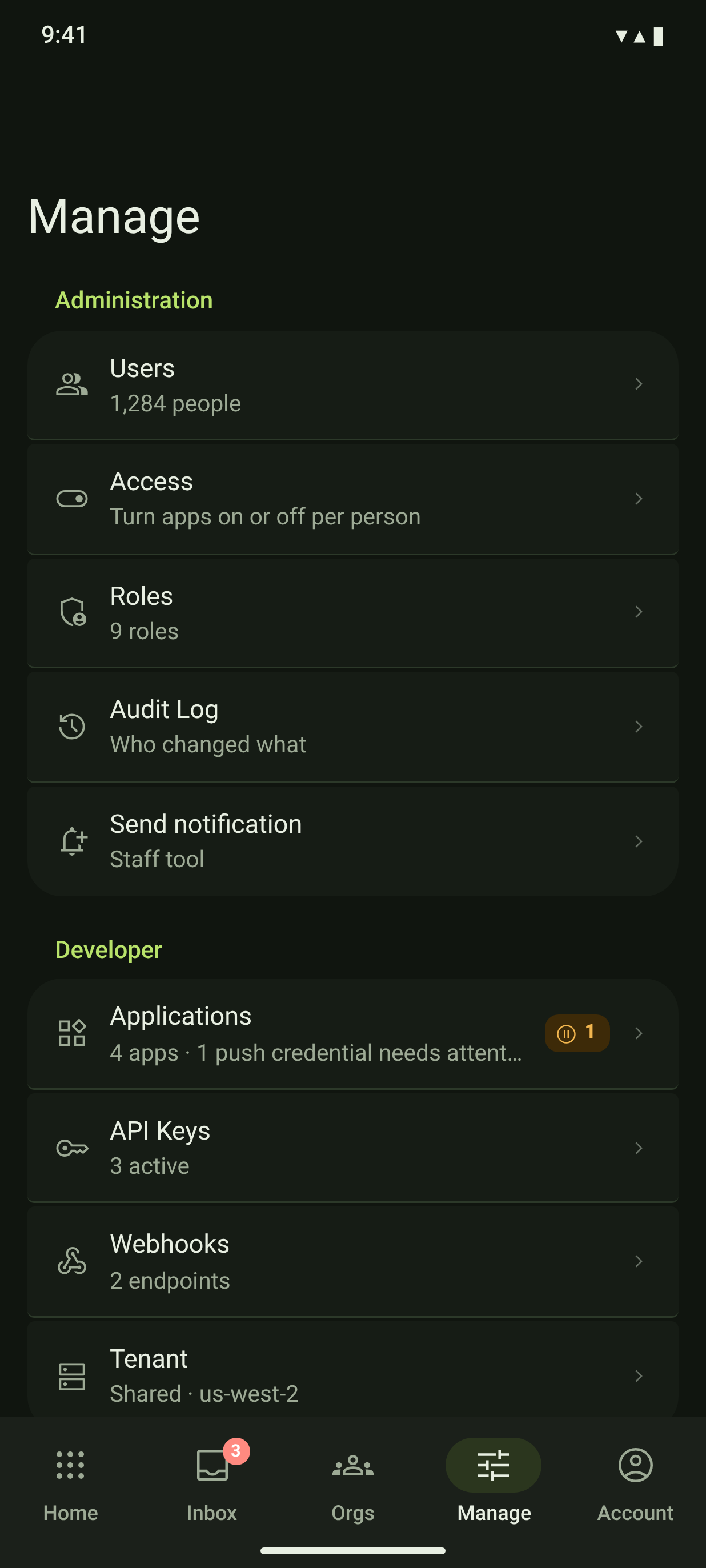 GLB-02 · Manage hub (compact) — dark