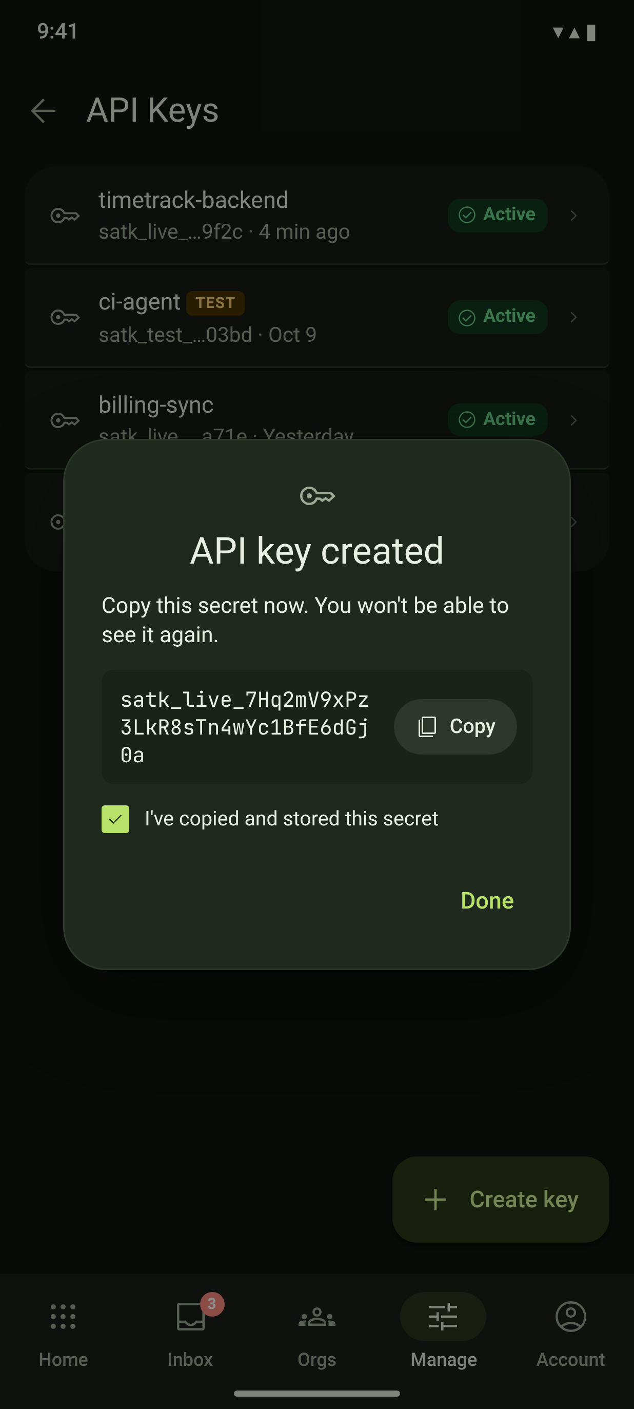 KEY-01 + KEY-03 · API keys, secret reveal — dark