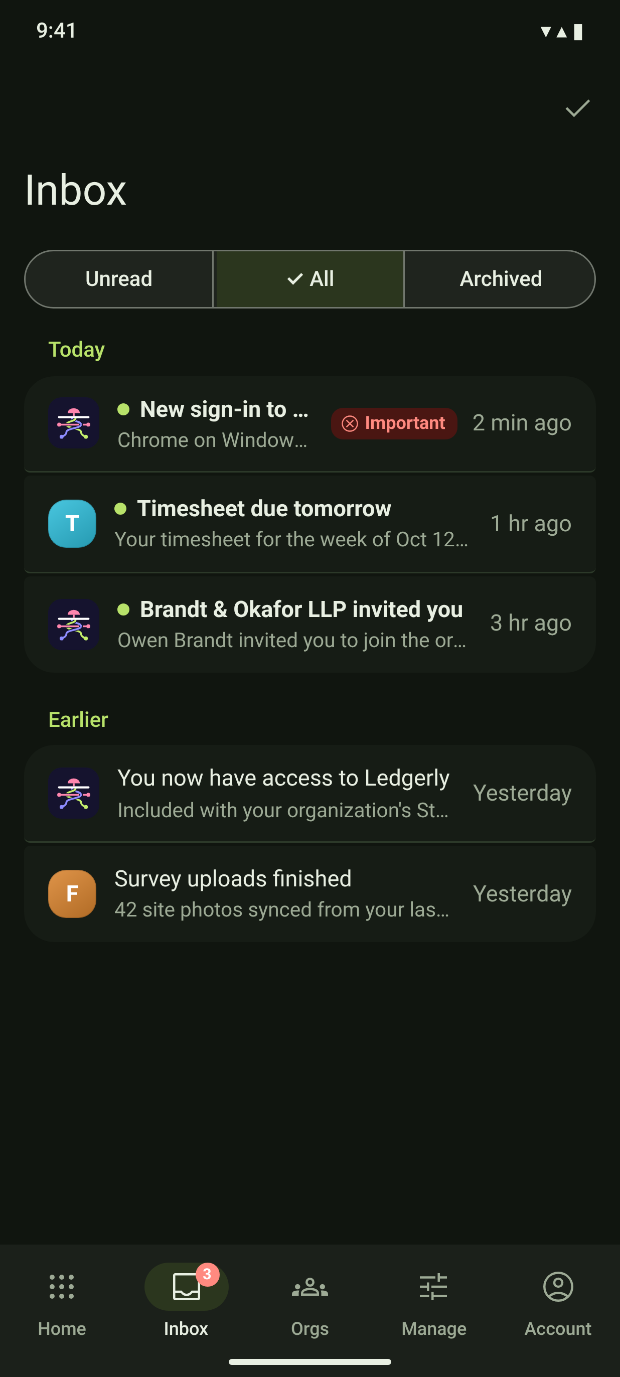 NTF-01/02 · Inbox and notification — dark
