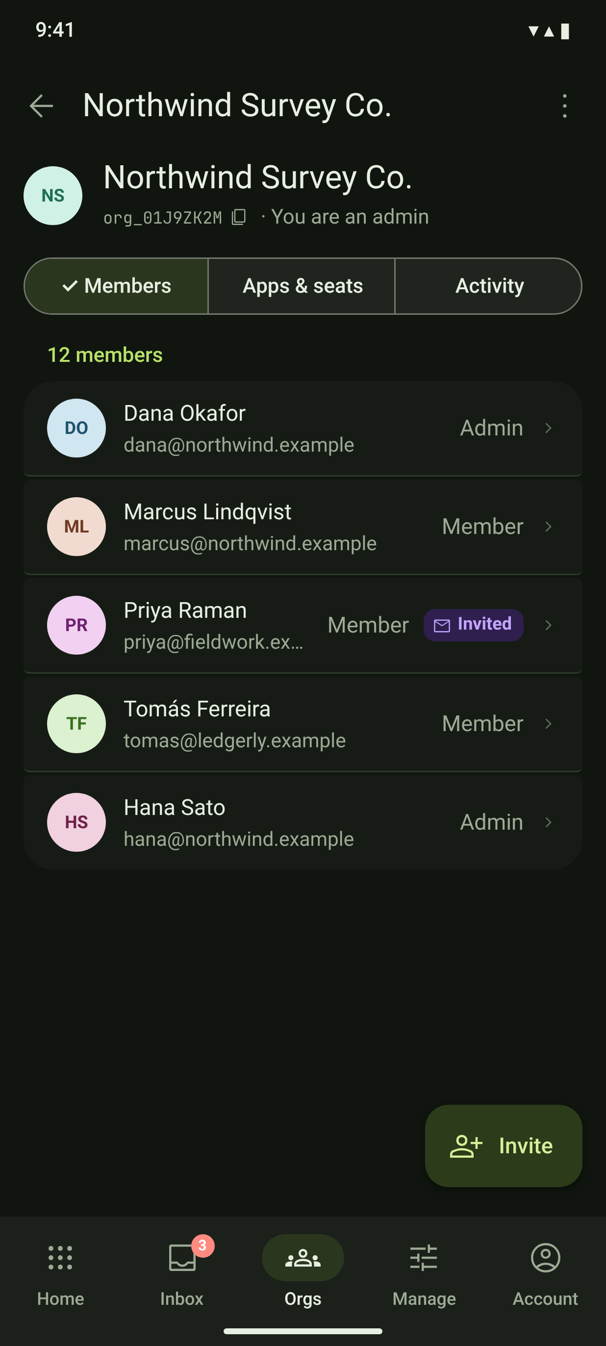 ORG-06 · Organization apps & seats — dark