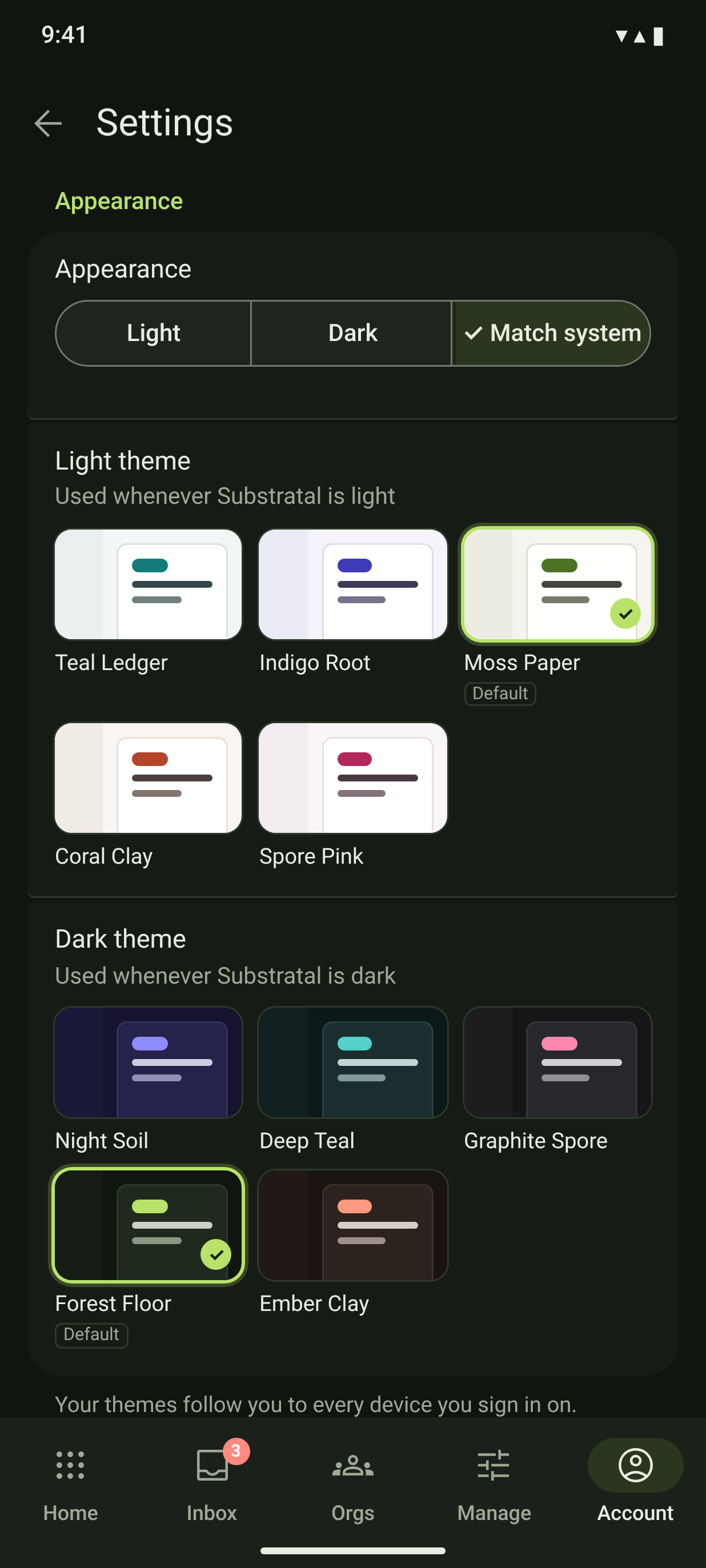 SET-01 · Settings — Appearance & themes — dark