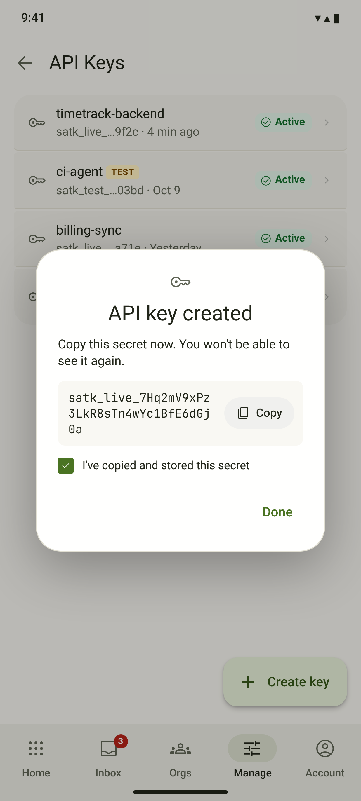 KEY-01 + KEY-03 · API keys, secret reveal — light
