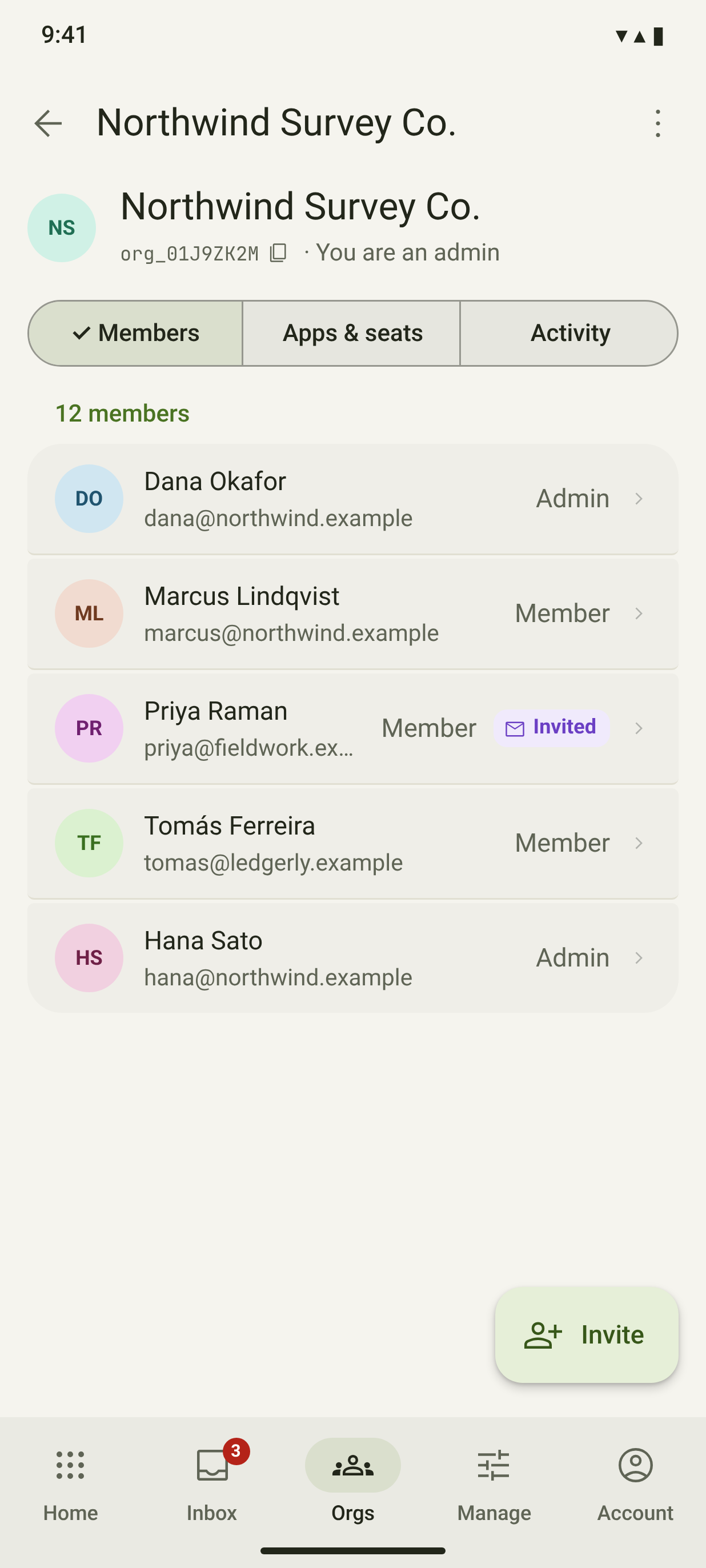ORG-06 · Organization apps & seats — light