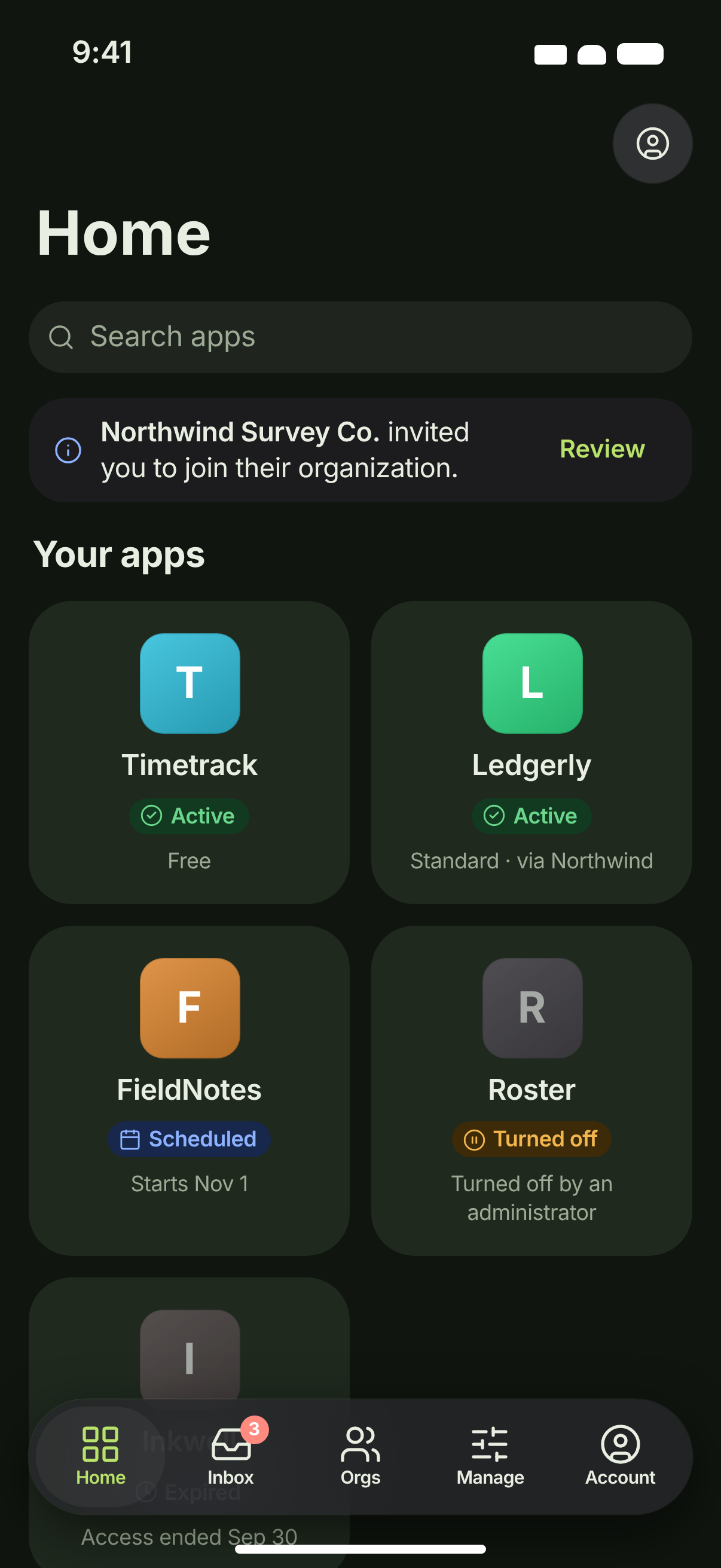 APP-01 · Home — My Apps (Free/Standard tiers) — dark