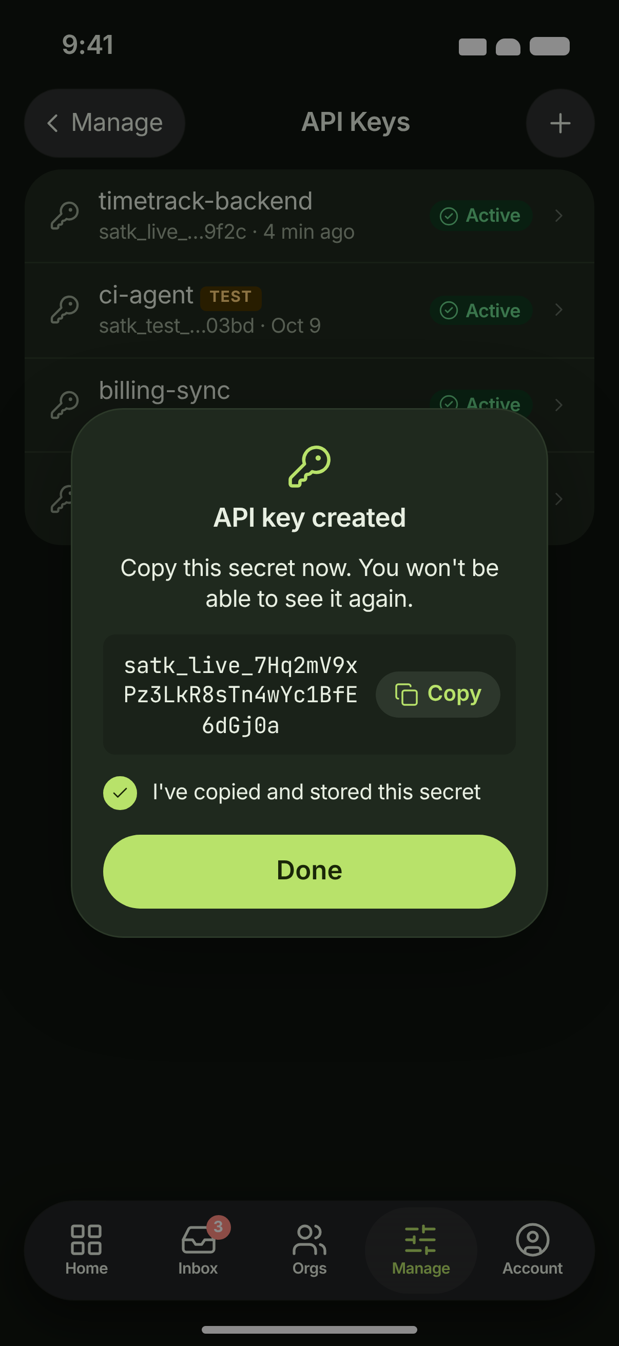 KEY-01 + KEY-03 · API keys, secret reveal — dark