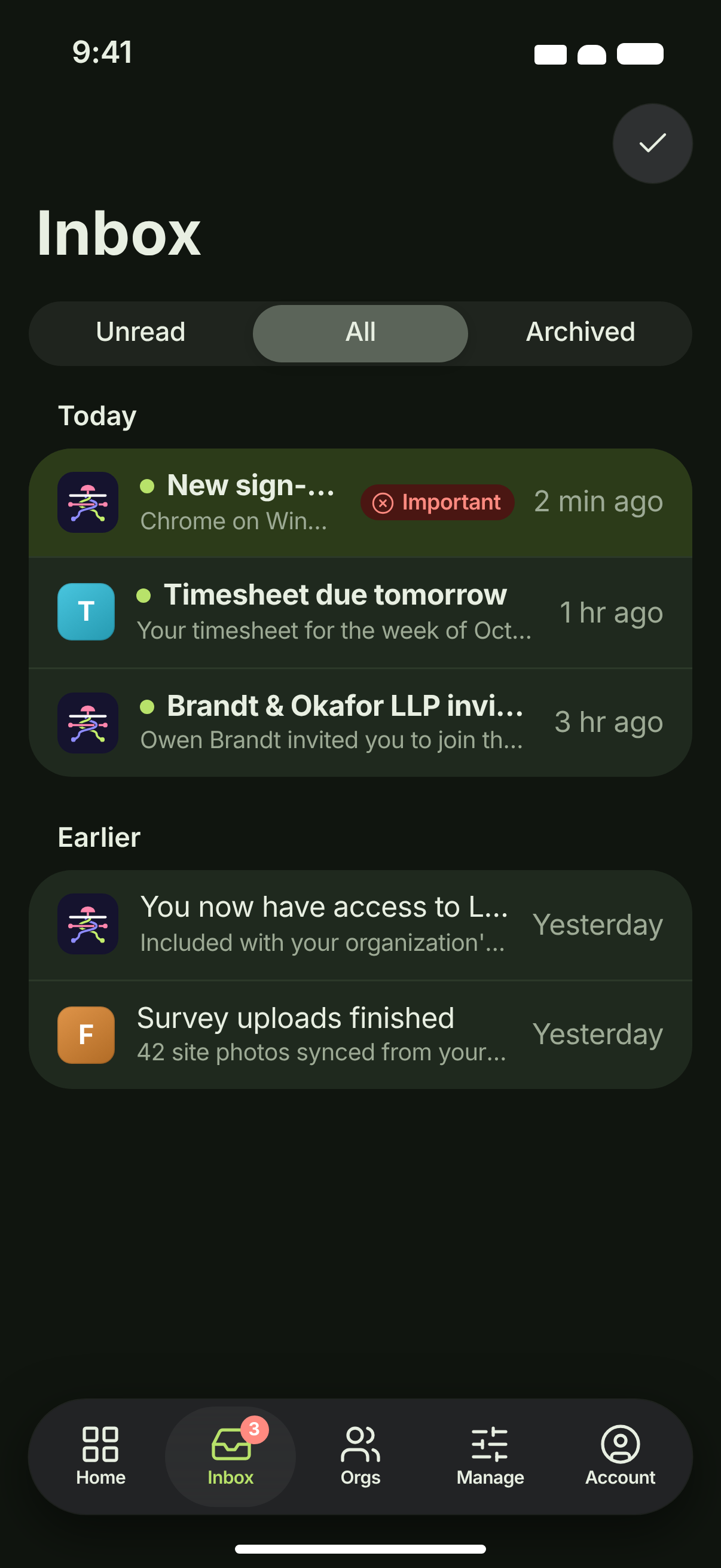NTF-01/02 · Inbox and notification — dark