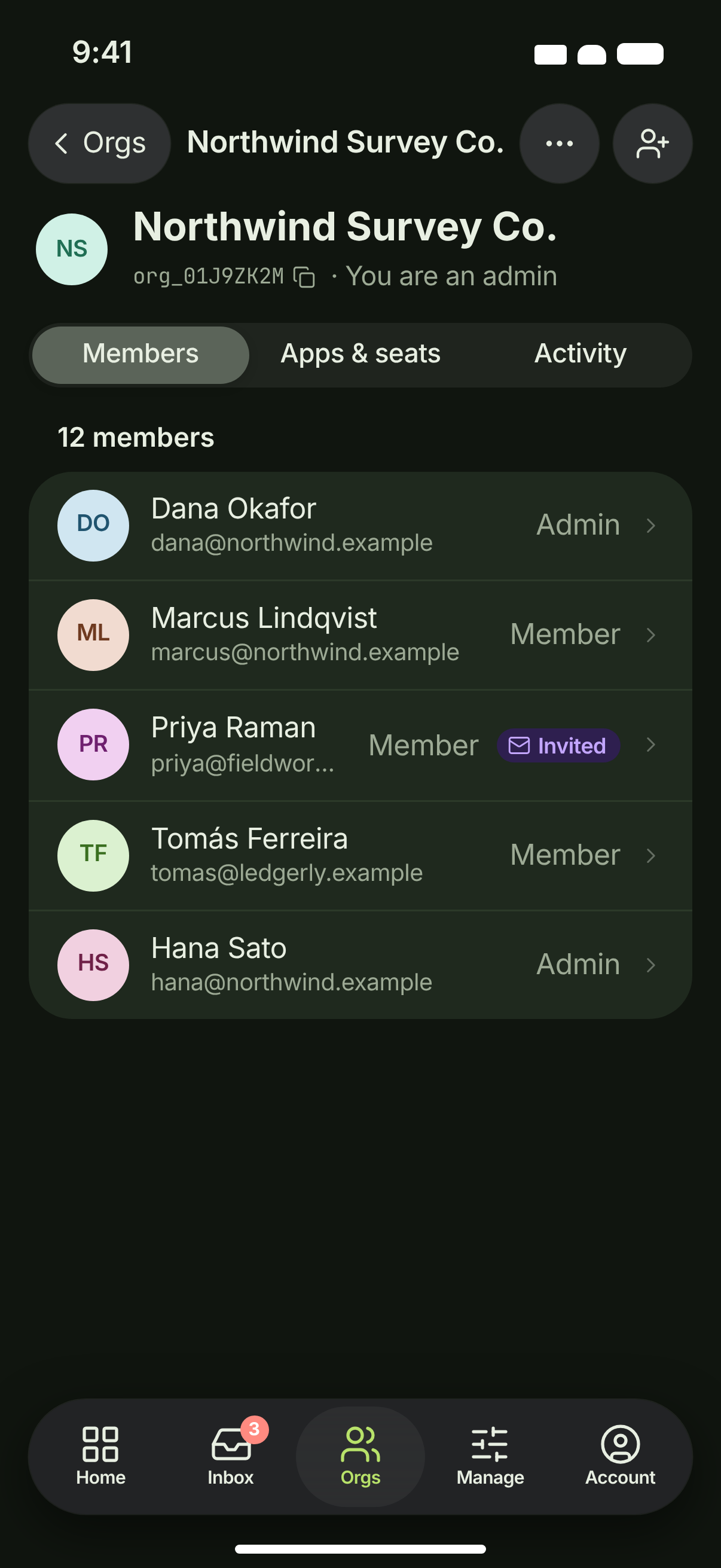 ORG-06 · Organization apps & seats — dark