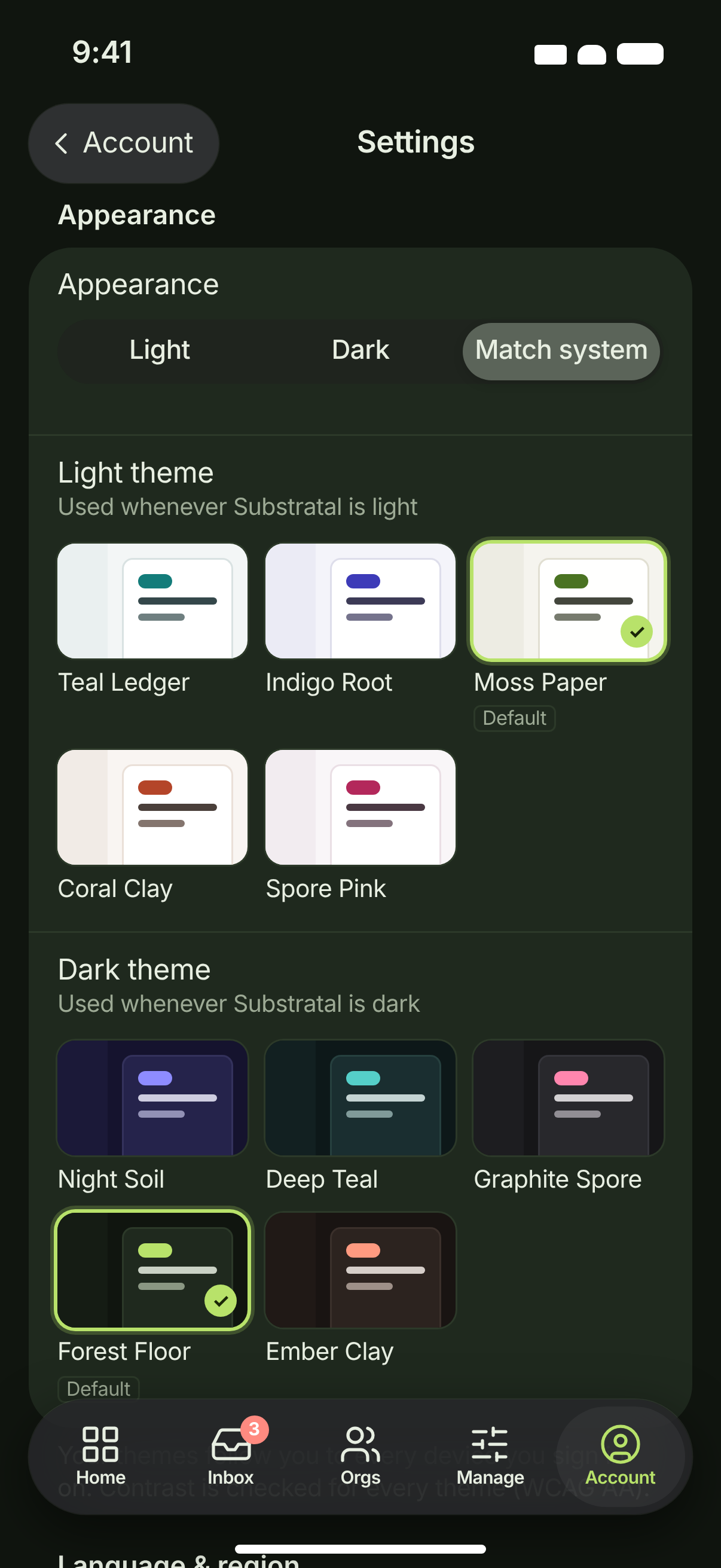 SET-01 · Settings — Appearance & themes — dark