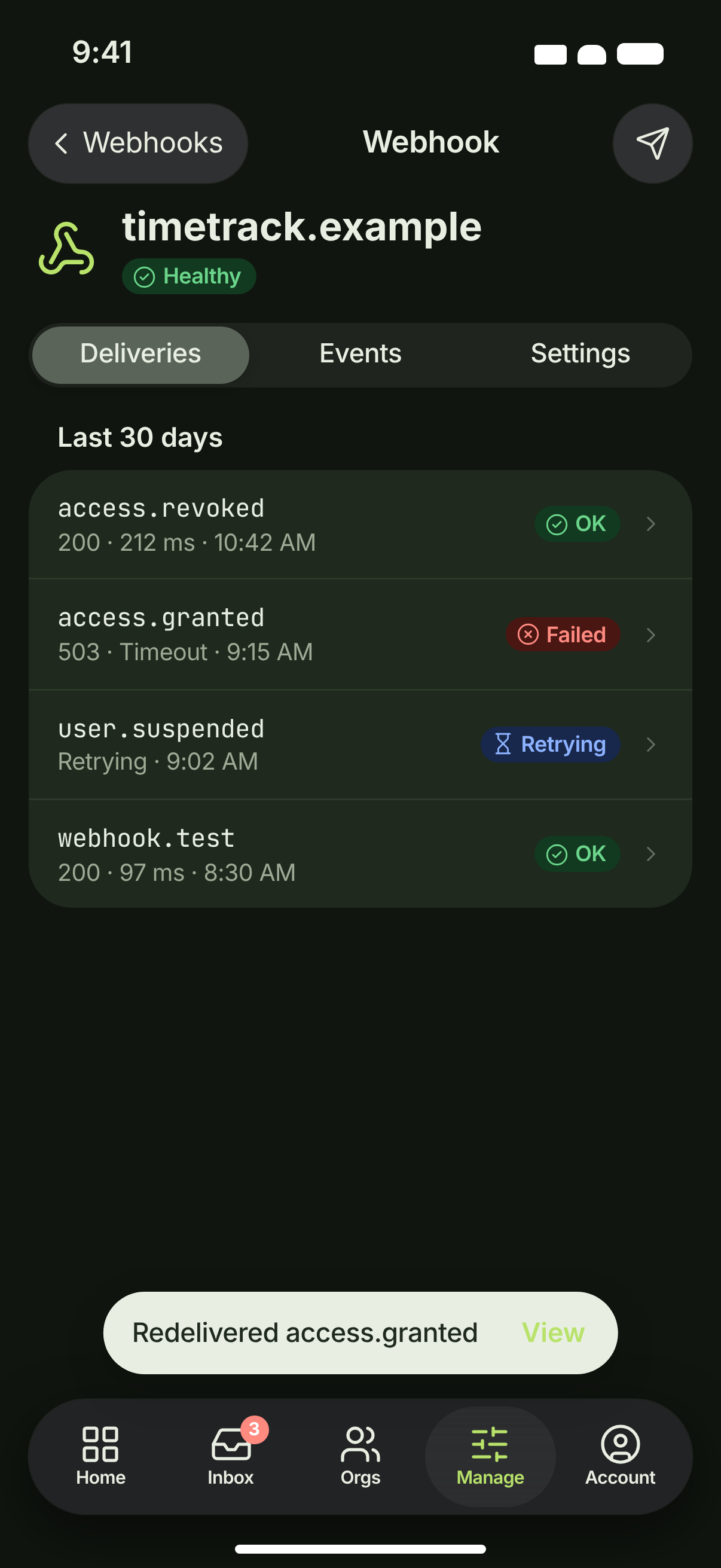 WHK-03 · Webhook deliveries — dark
