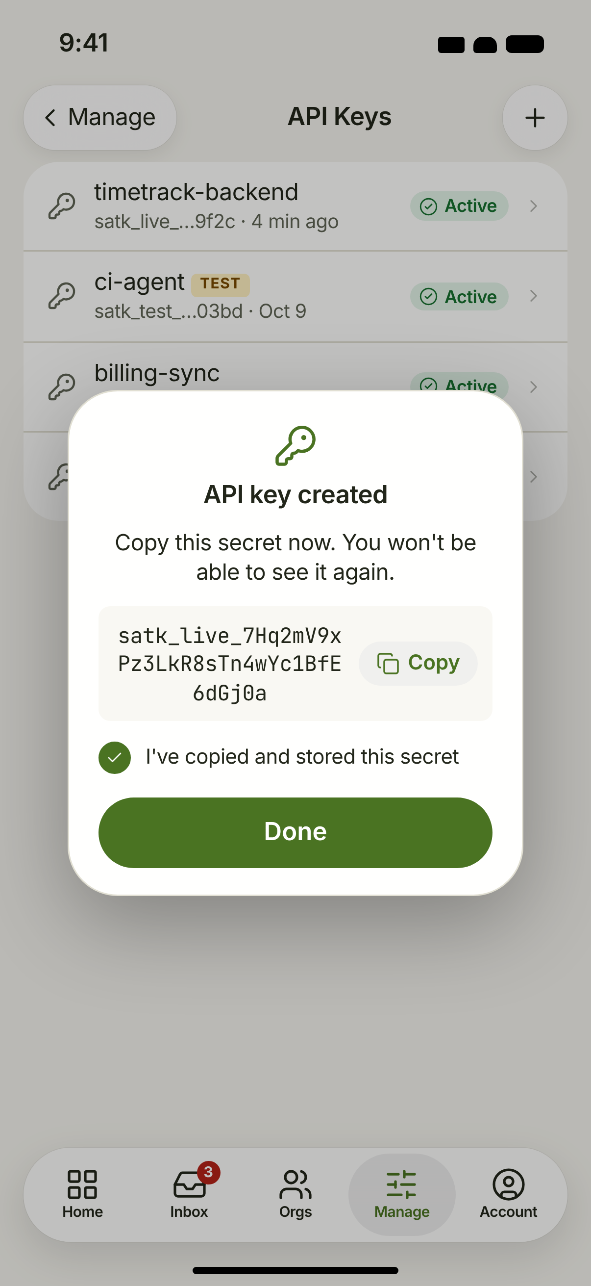 KEY-01 + KEY-03 · API keys, secret reveal — light