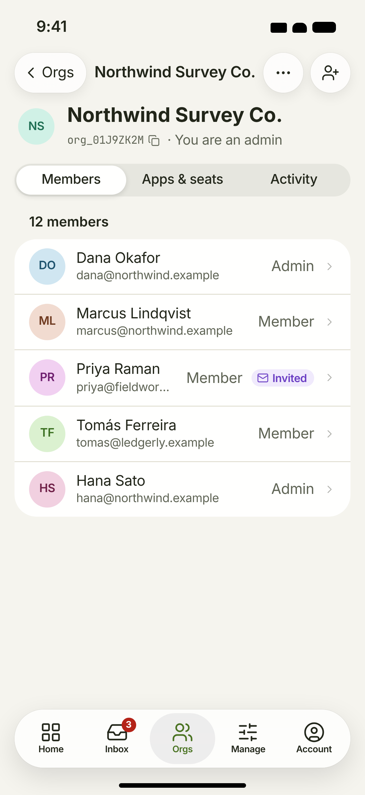 ORG-06 · Organization apps & seats — light