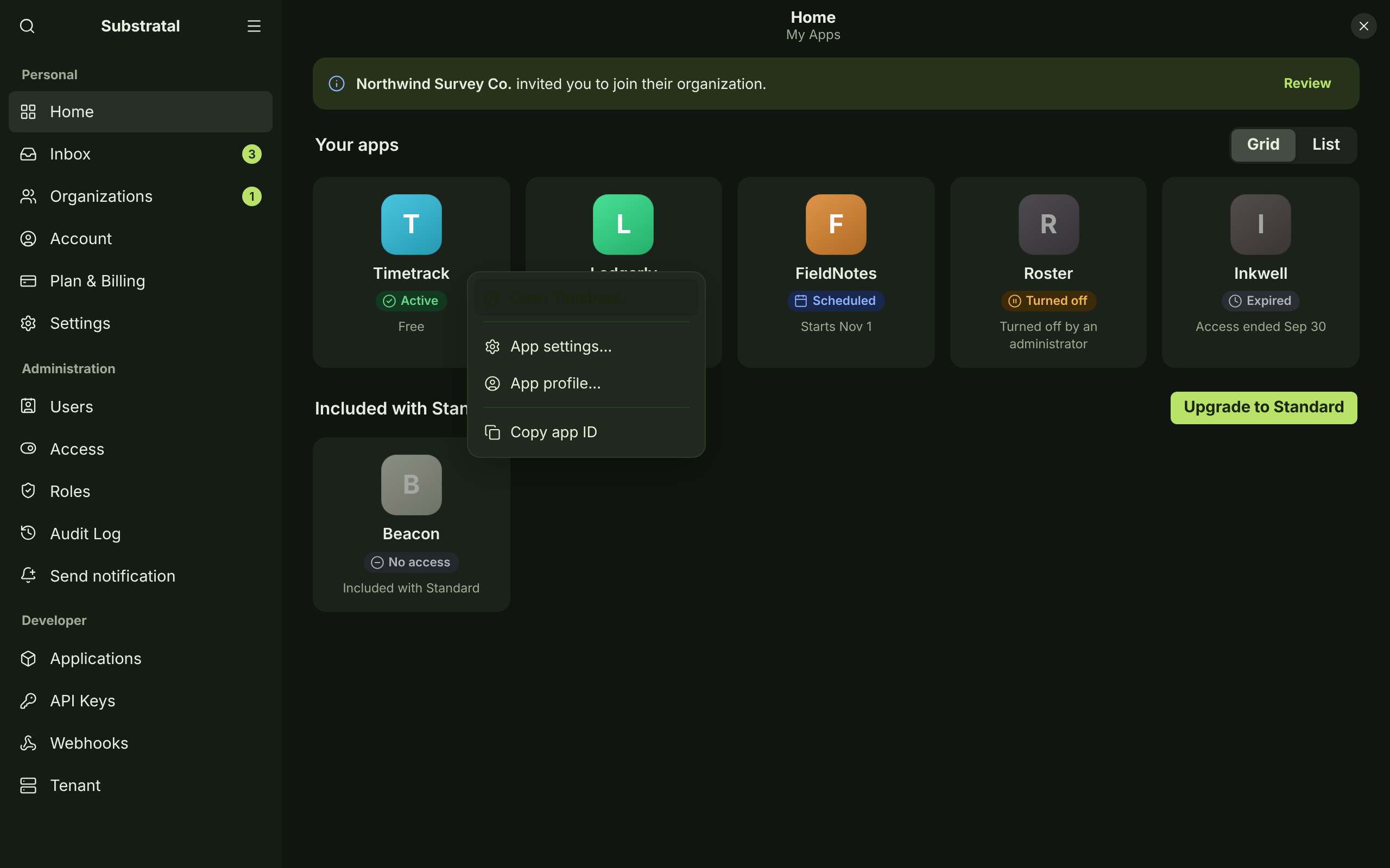 APP-01 · Home — My Apps (Free/Standard tiers) — dark
