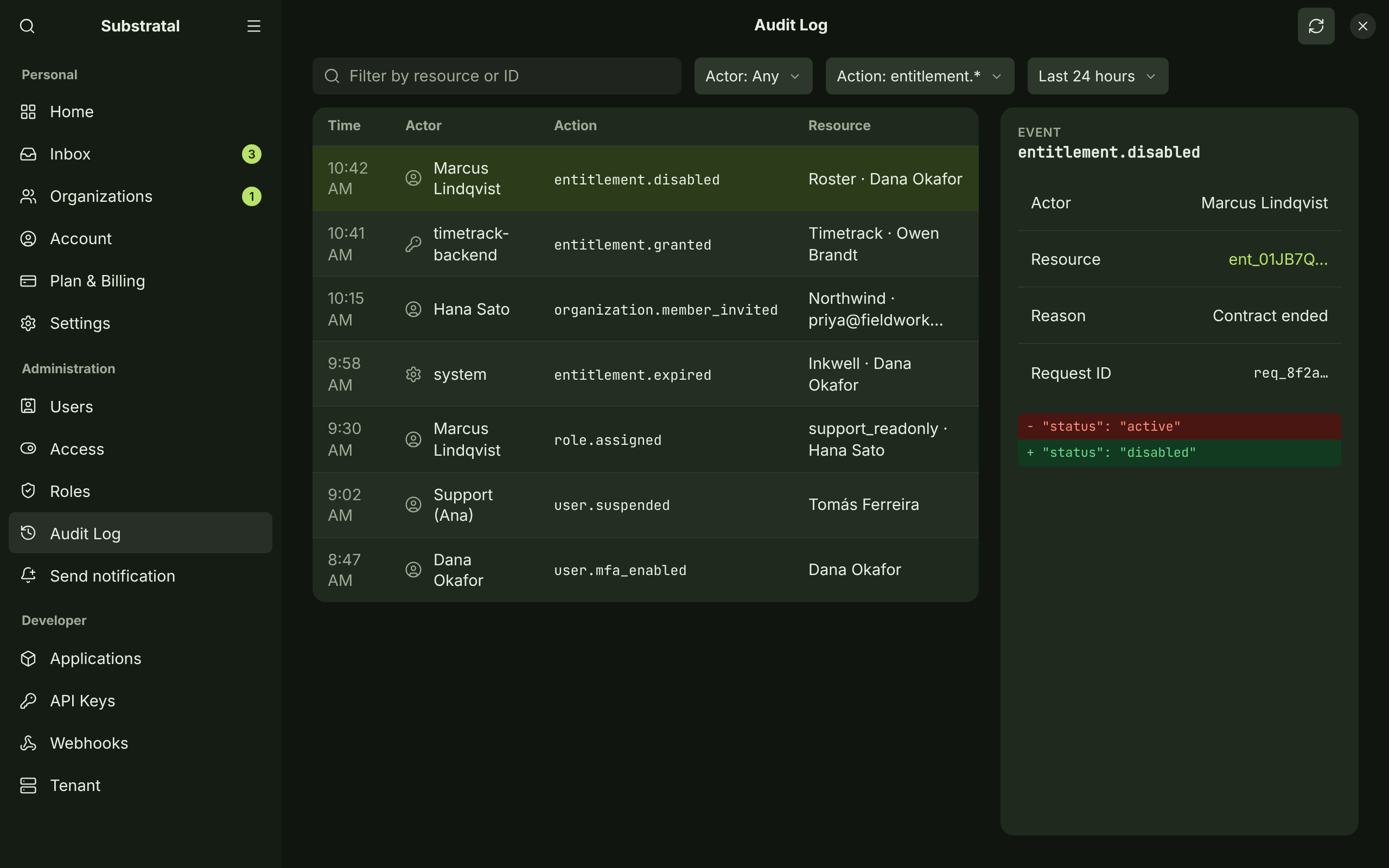 AUD-01 + AUD-02 · Audit log — dark