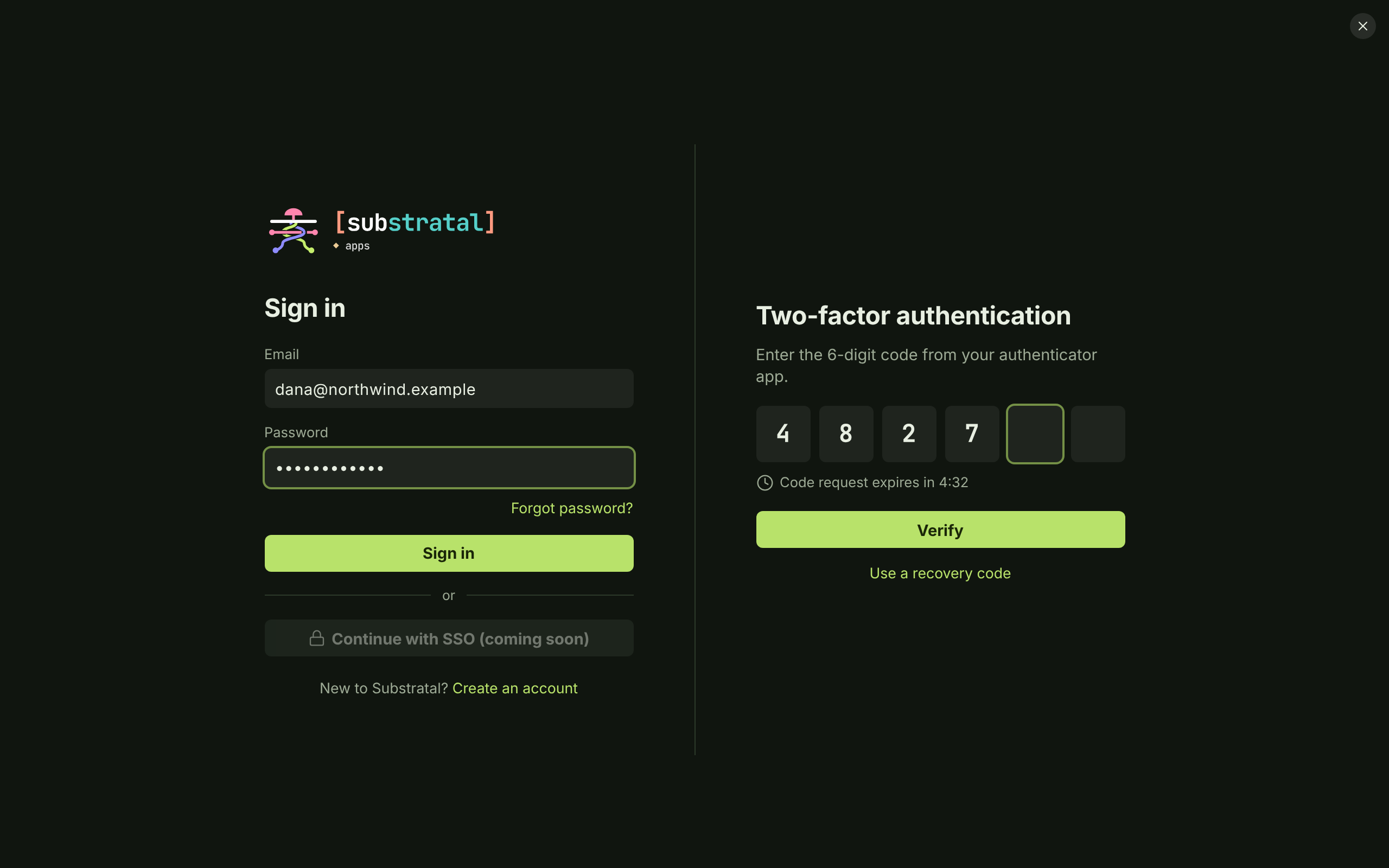 AUTH-01/02 · Sign in & two-factor — dark