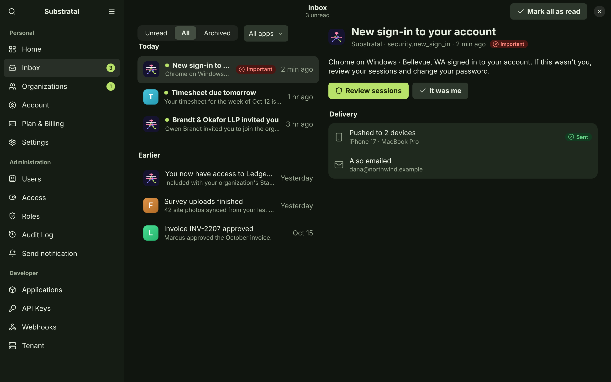 NTF-01/02 · Inbox and notification — dark