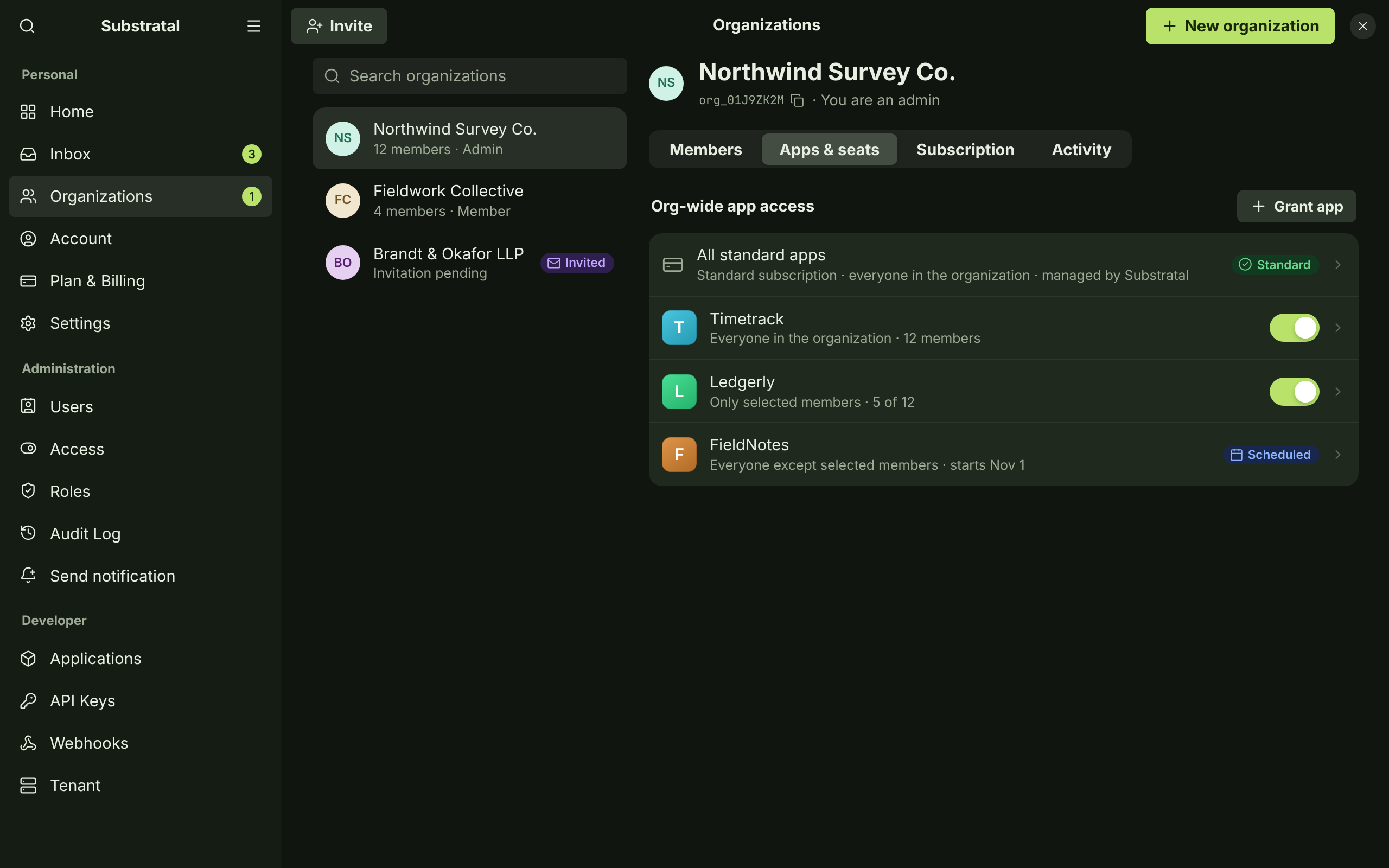 ORG-06 · Organization apps & seats — dark