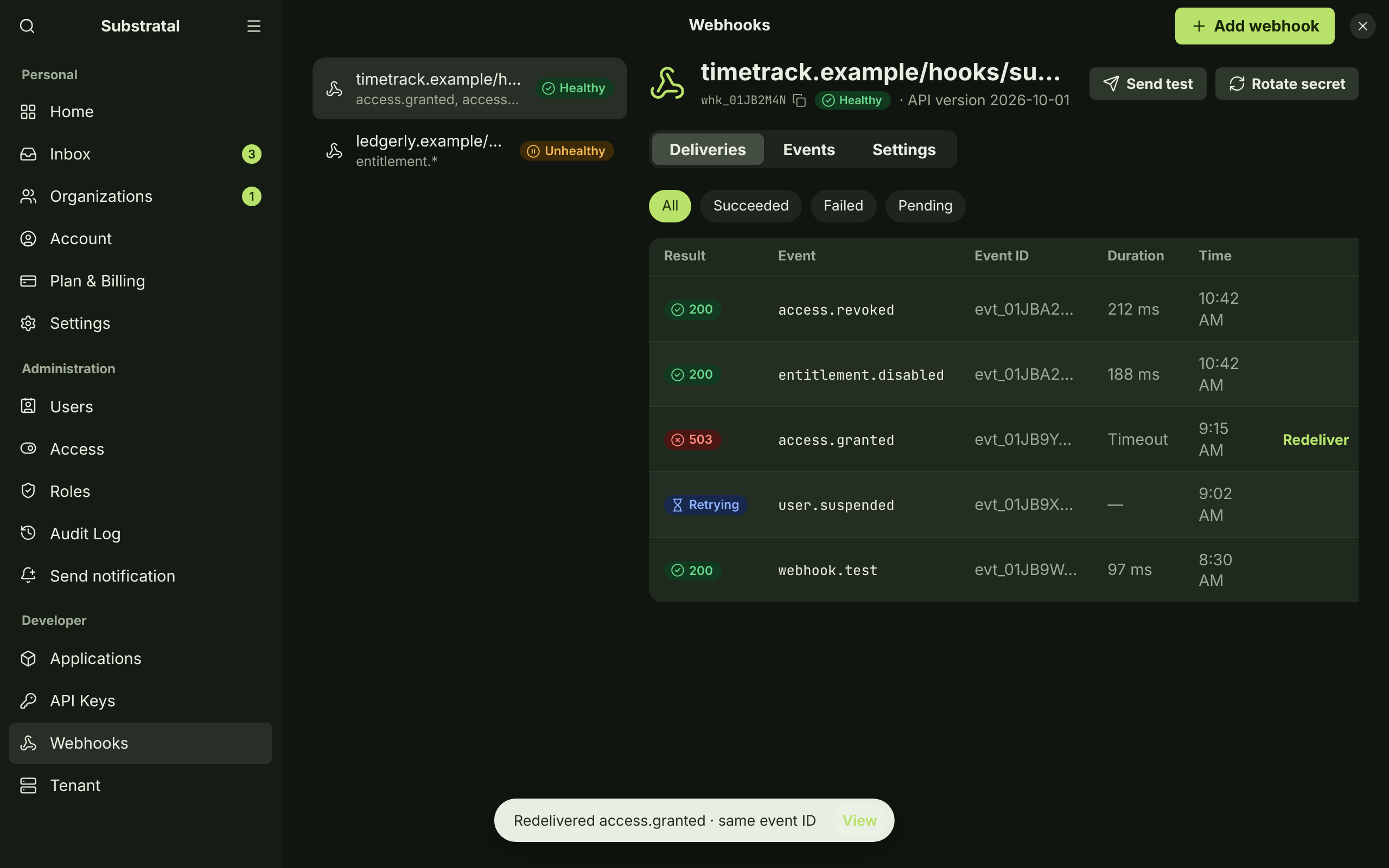 WHK-03 · Webhook deliveries — dark