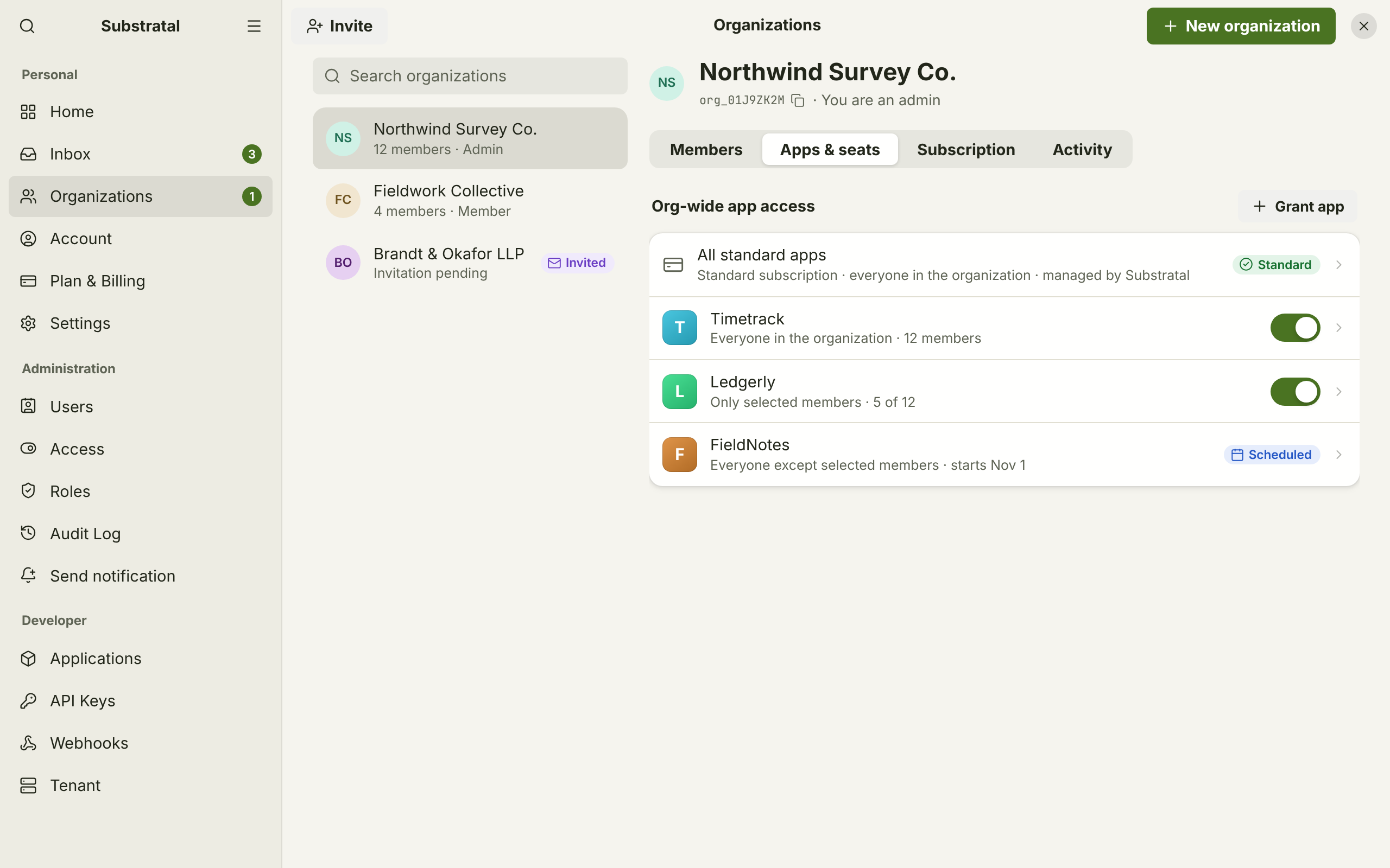 ORG-06 · Organization apps & seats — light