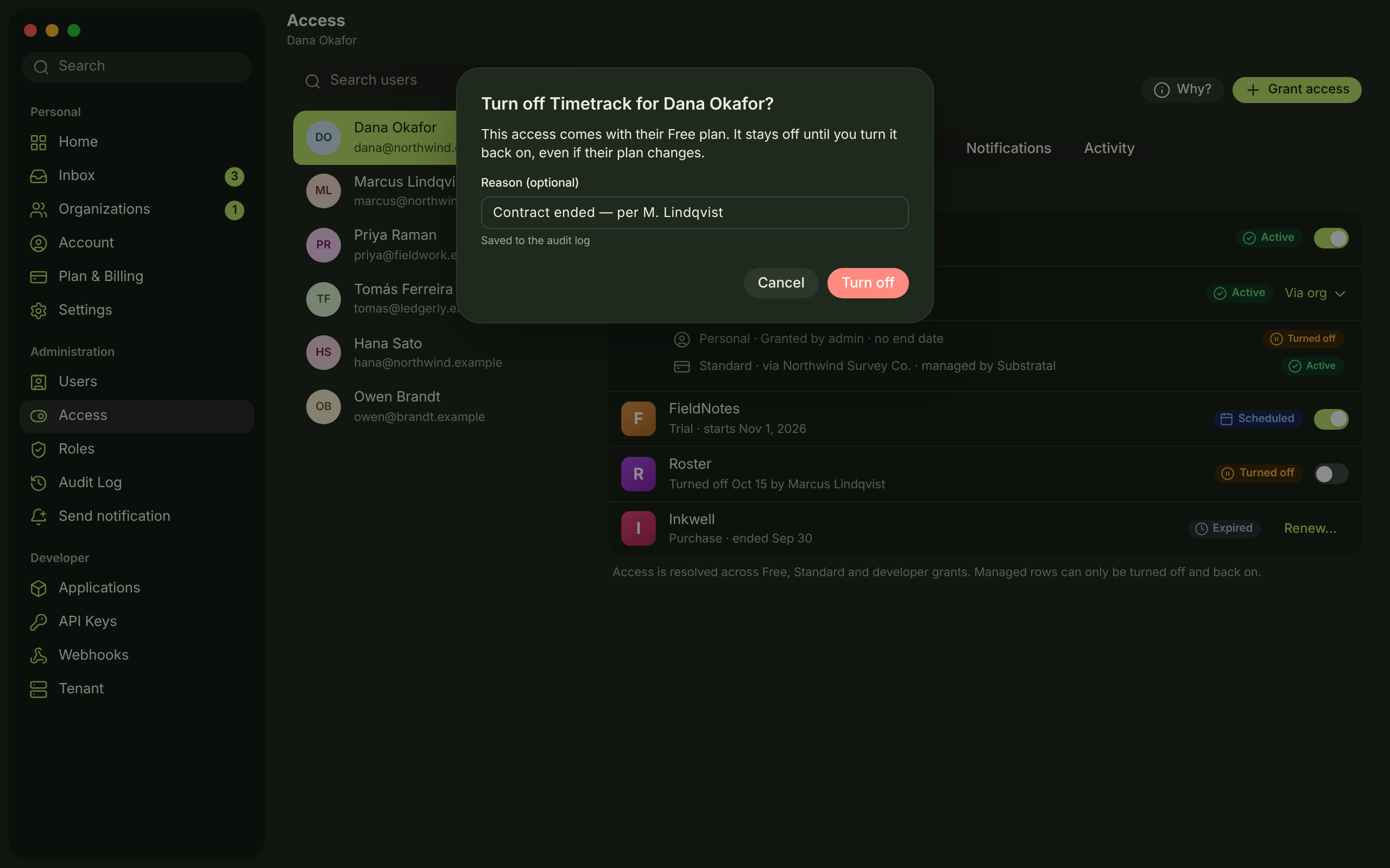 ACX-01 + ACX-03 · Access (managed rows), turn off — dark