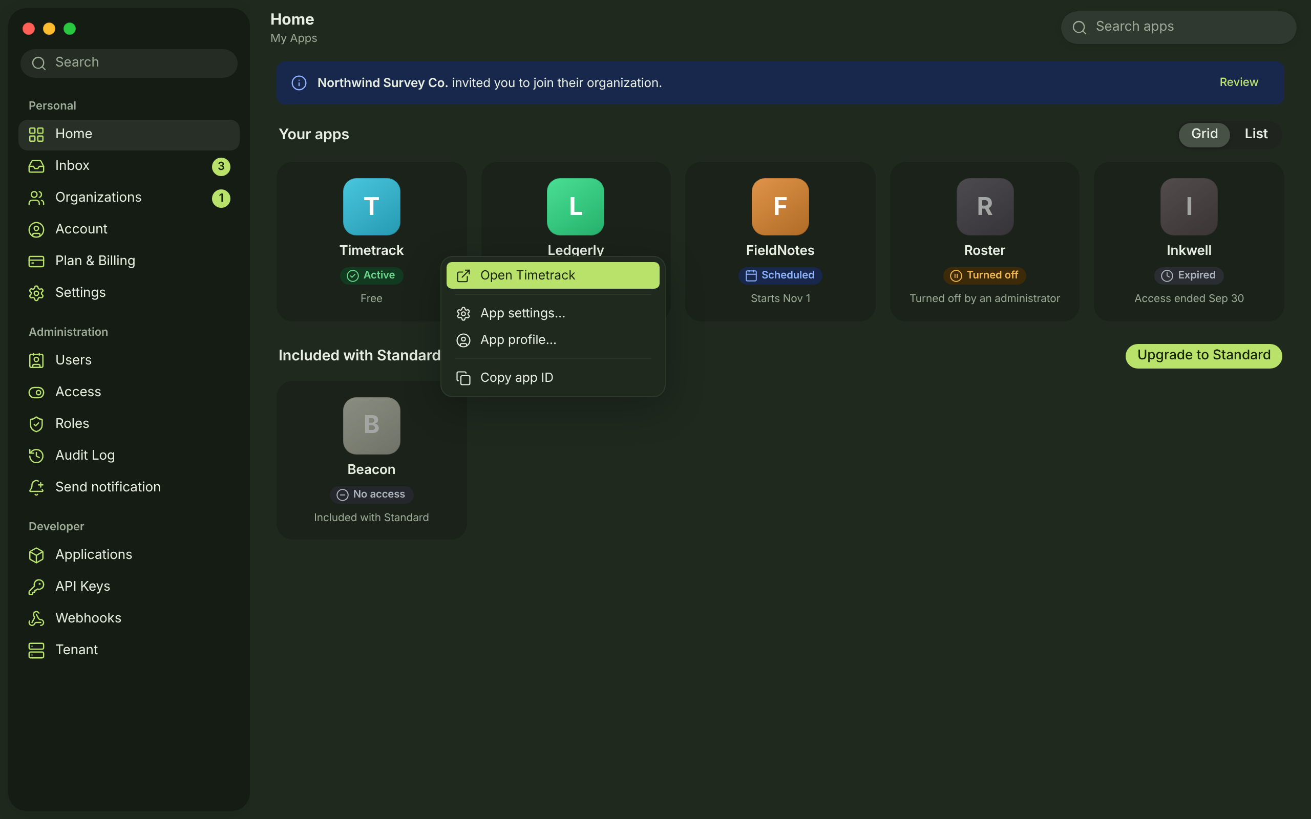 APP-01 · Home — My Apps (Free/Standard tiers) — dark