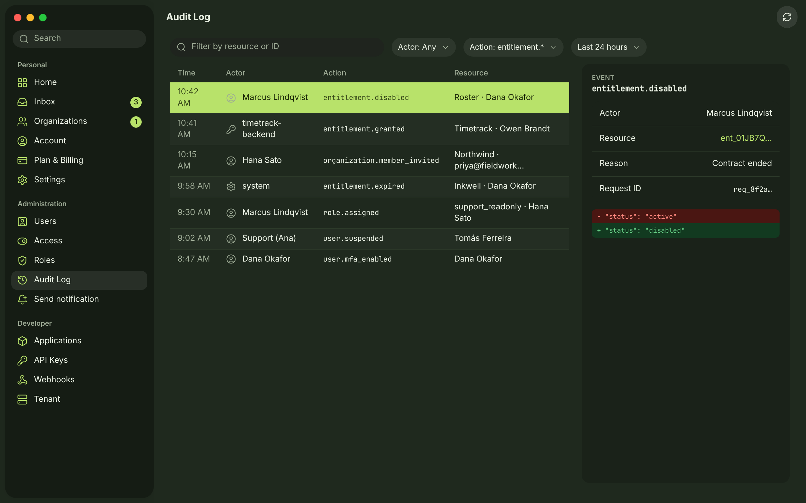 AUD-01 + AUD-02 · Audit log — dark