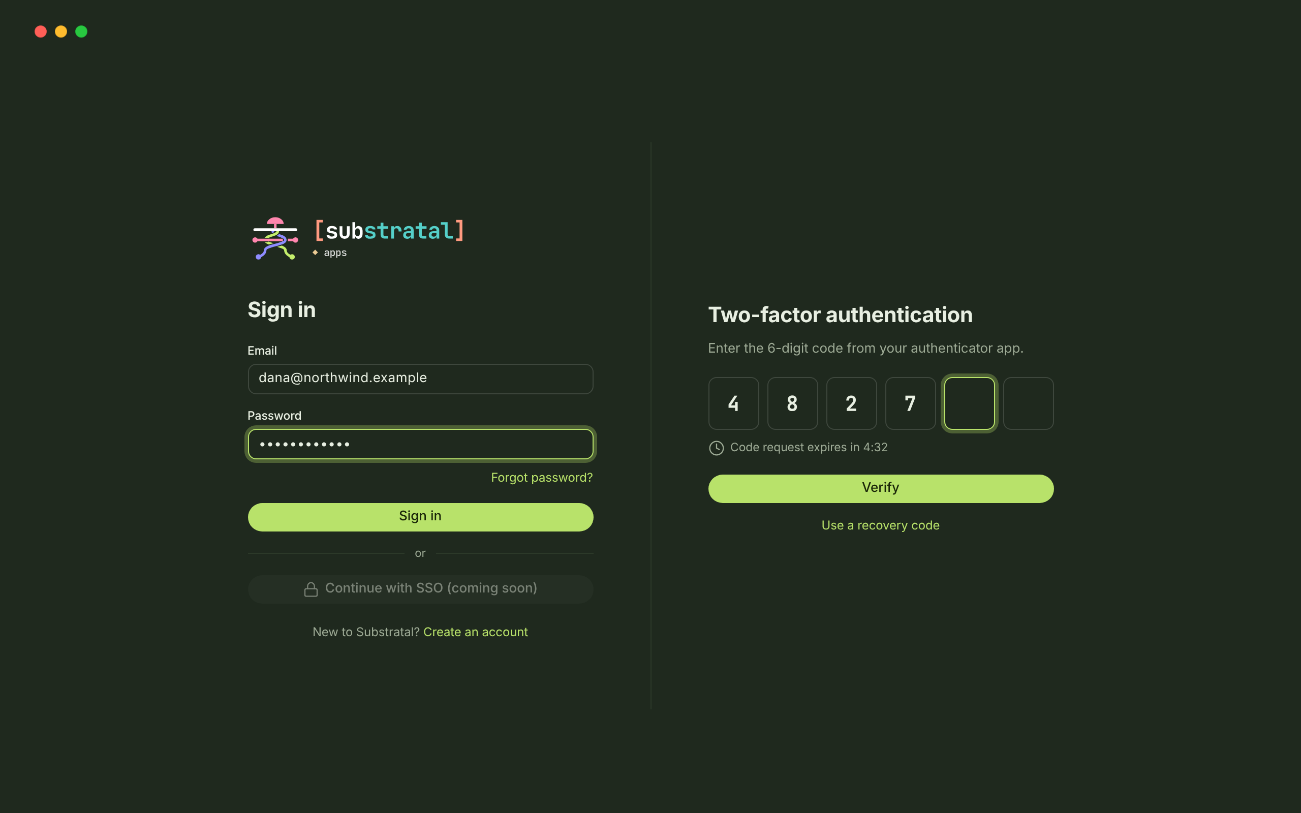 AUTH-01/02 · Sign in & two-factor — dark