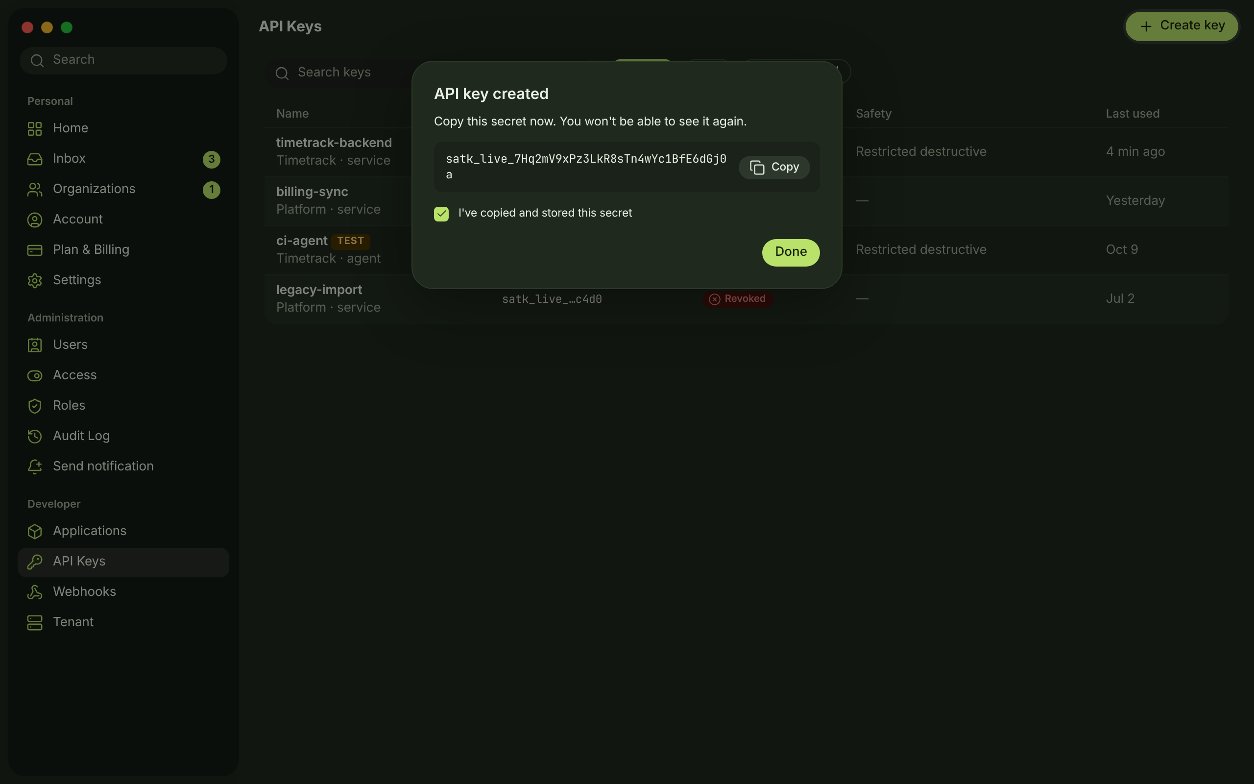 KEY-01 + KEY-03 · API keys, secret reveal — dark