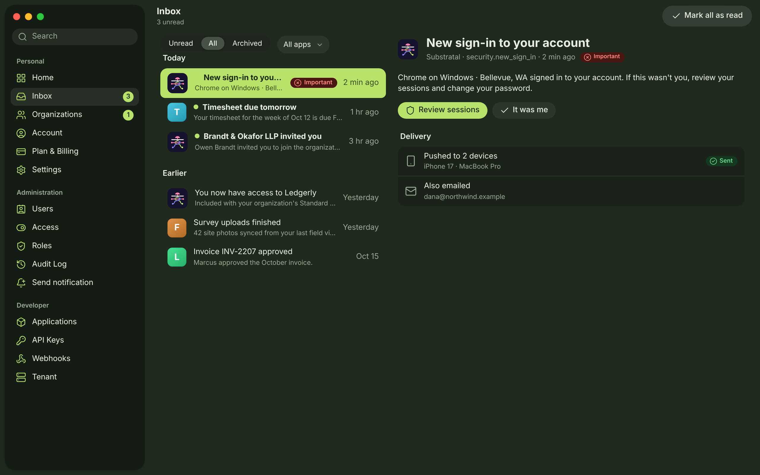 NTF-01/02 · Inbox and notification — dark