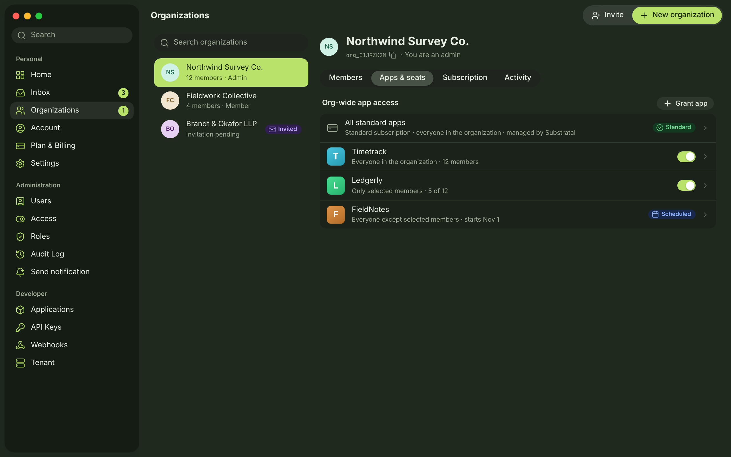 ORG-06 · Organization apps & seats — dark