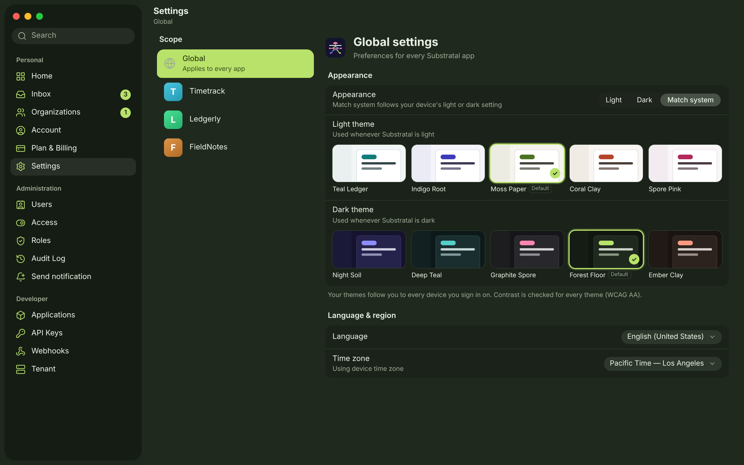 SET-01 · Settings — Appearance & themes — dark