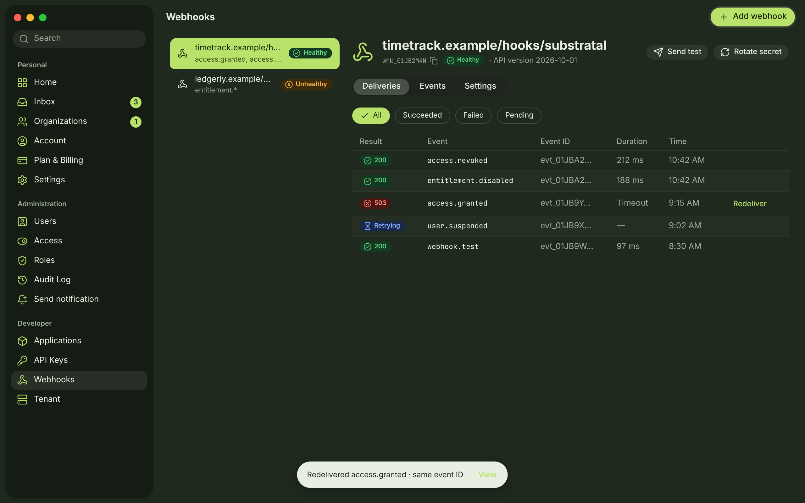 WHK-03 · Webhook deliveries — dark