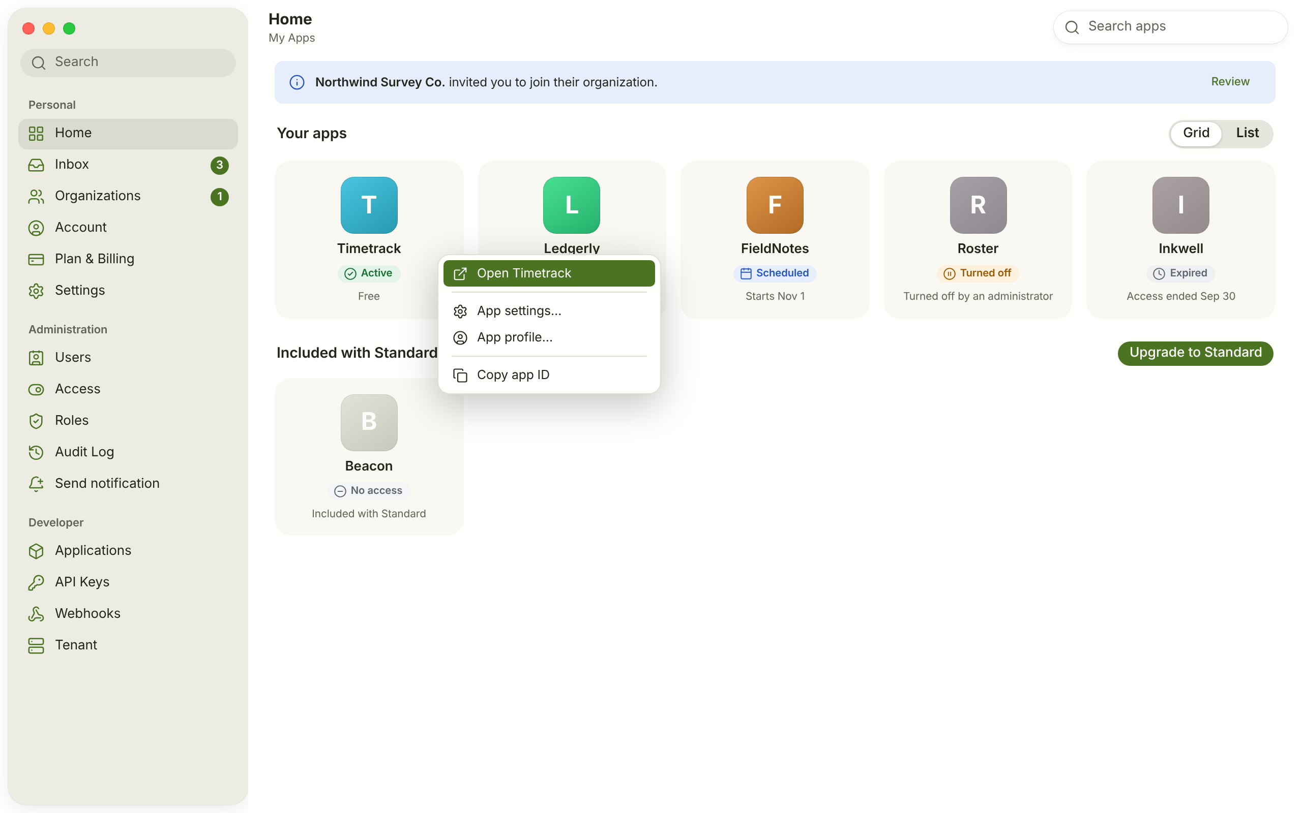 APP-01 · Home — My Apps (Free/Standard tiers) — light