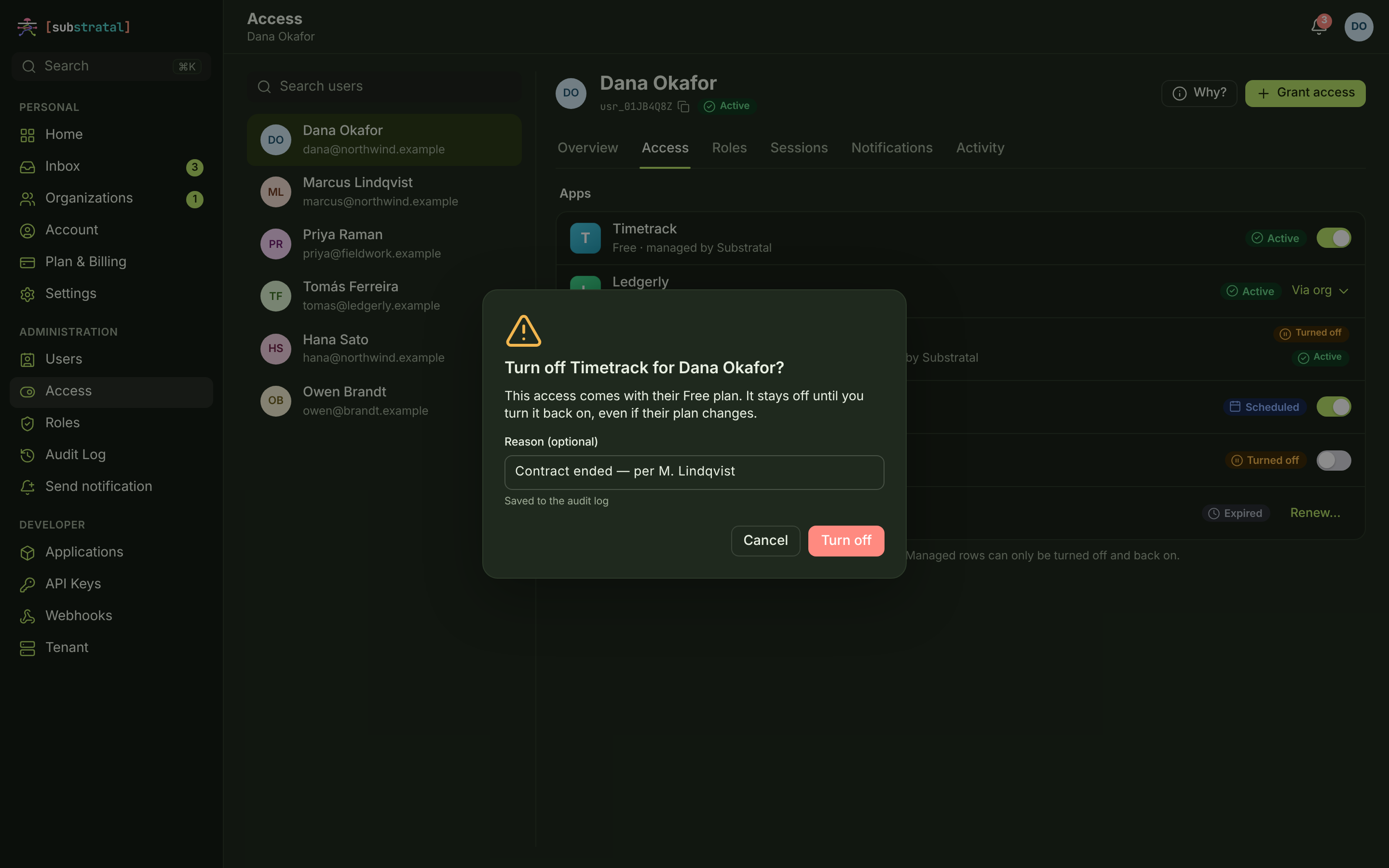ACX-01 + ACX-03 · Access (managed rows), turn off — desktop — dark