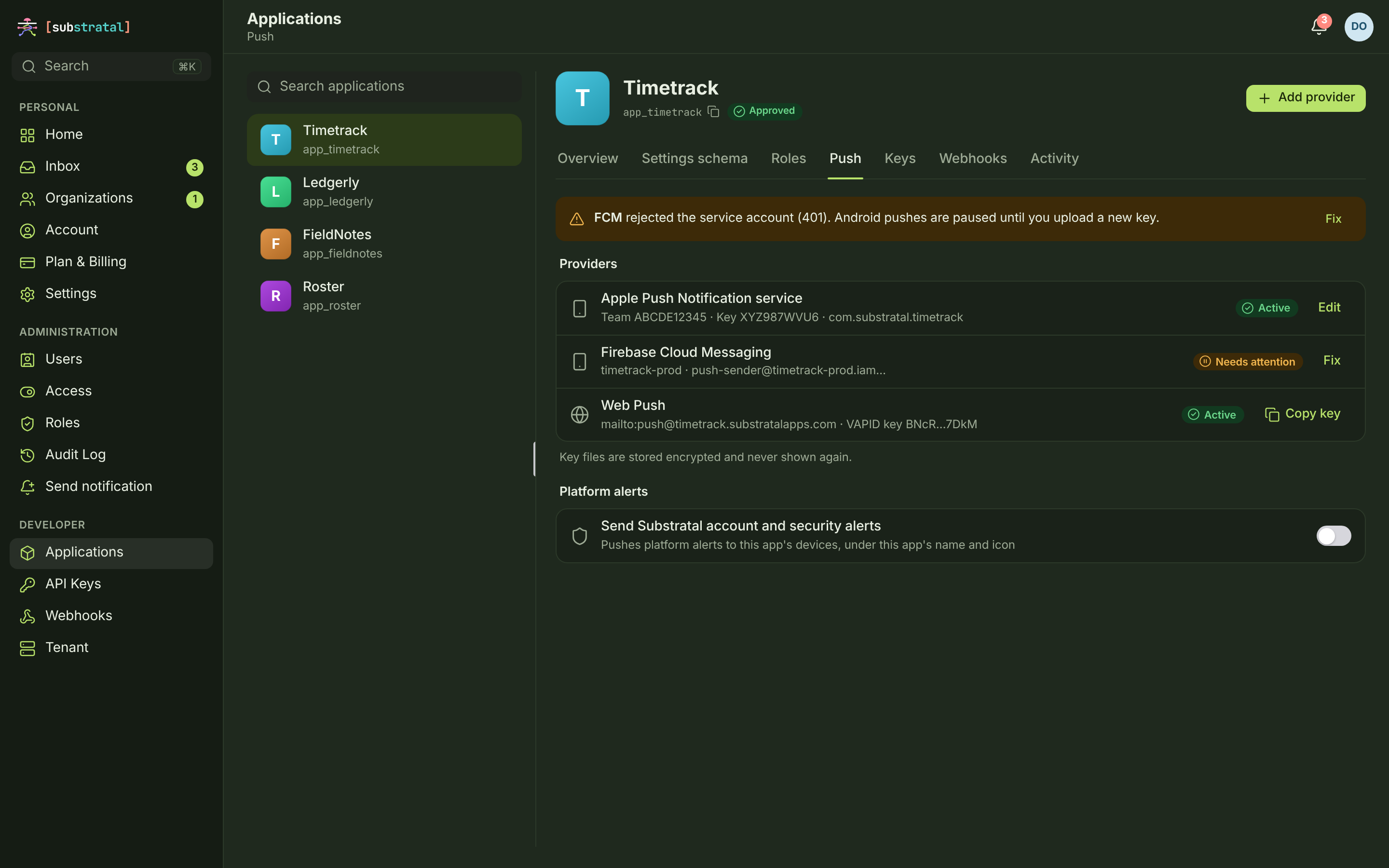 APL-07 · Push credentials — desktop — dark