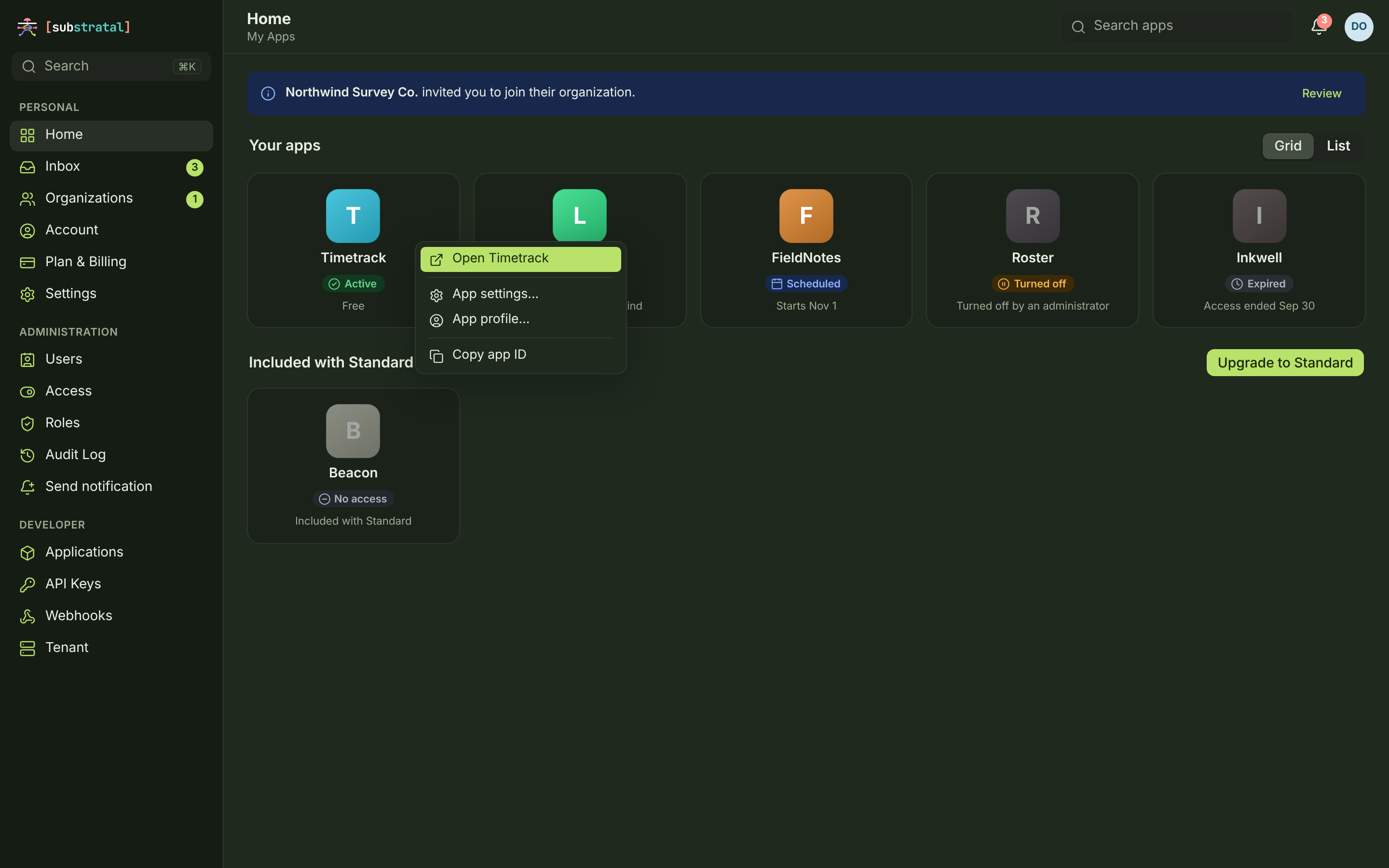 APP-01 · Home — My Apps (Free/Standard tiers) — desktop — dark