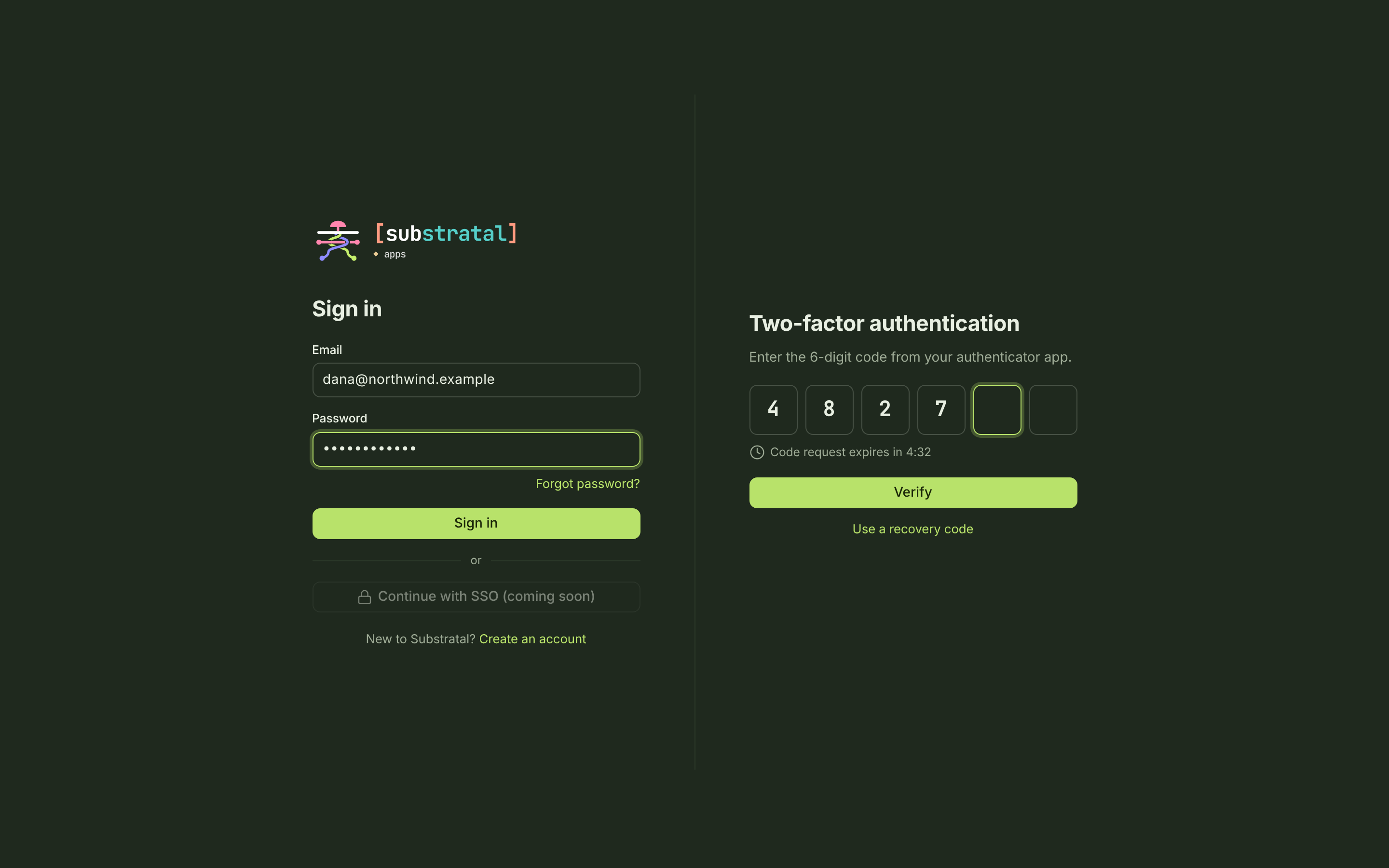 AUTH-01/02 · Sign in & two-factor — desktop — dark