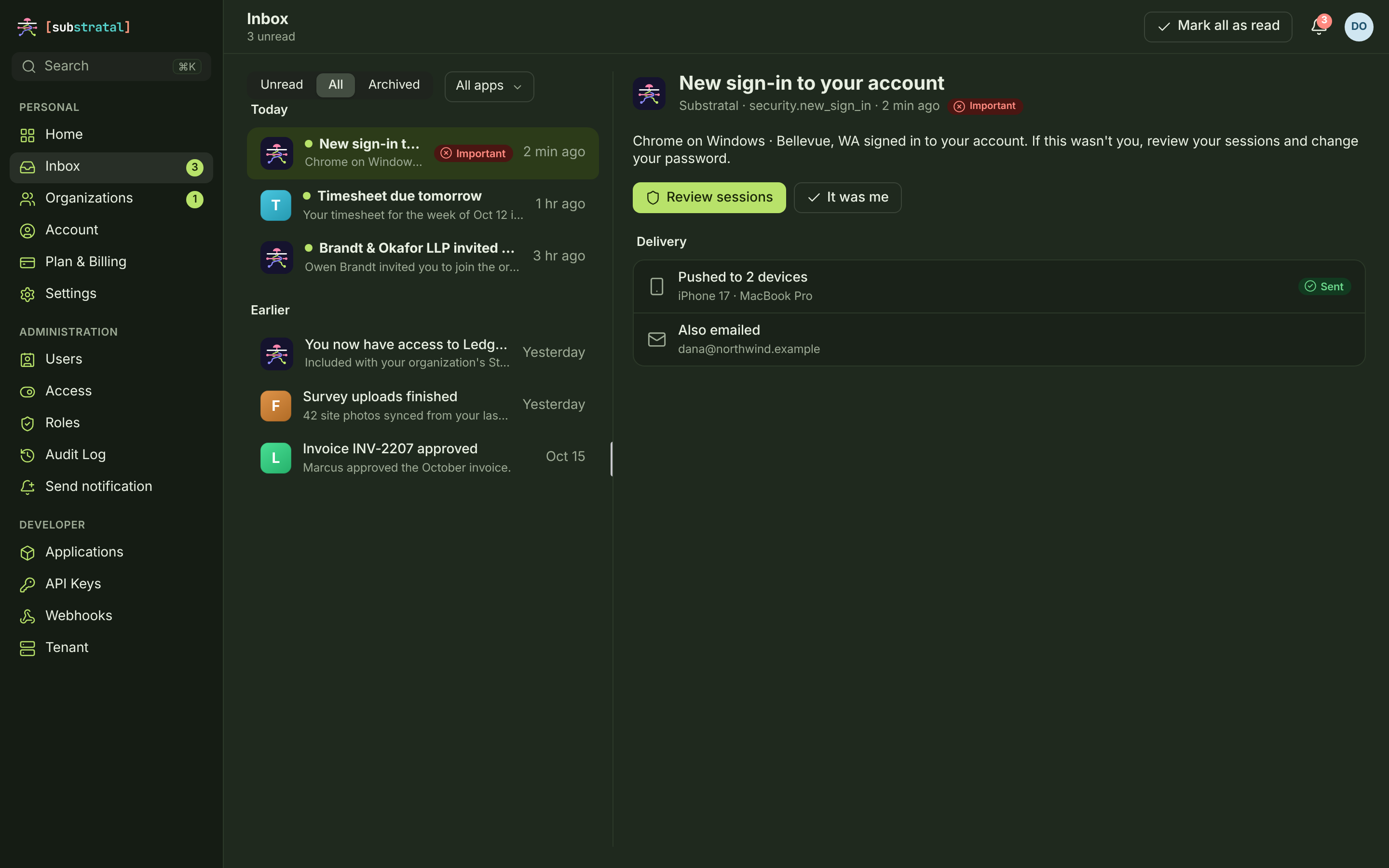 NTF-01/02 · Inbox and notification — desktop — dark