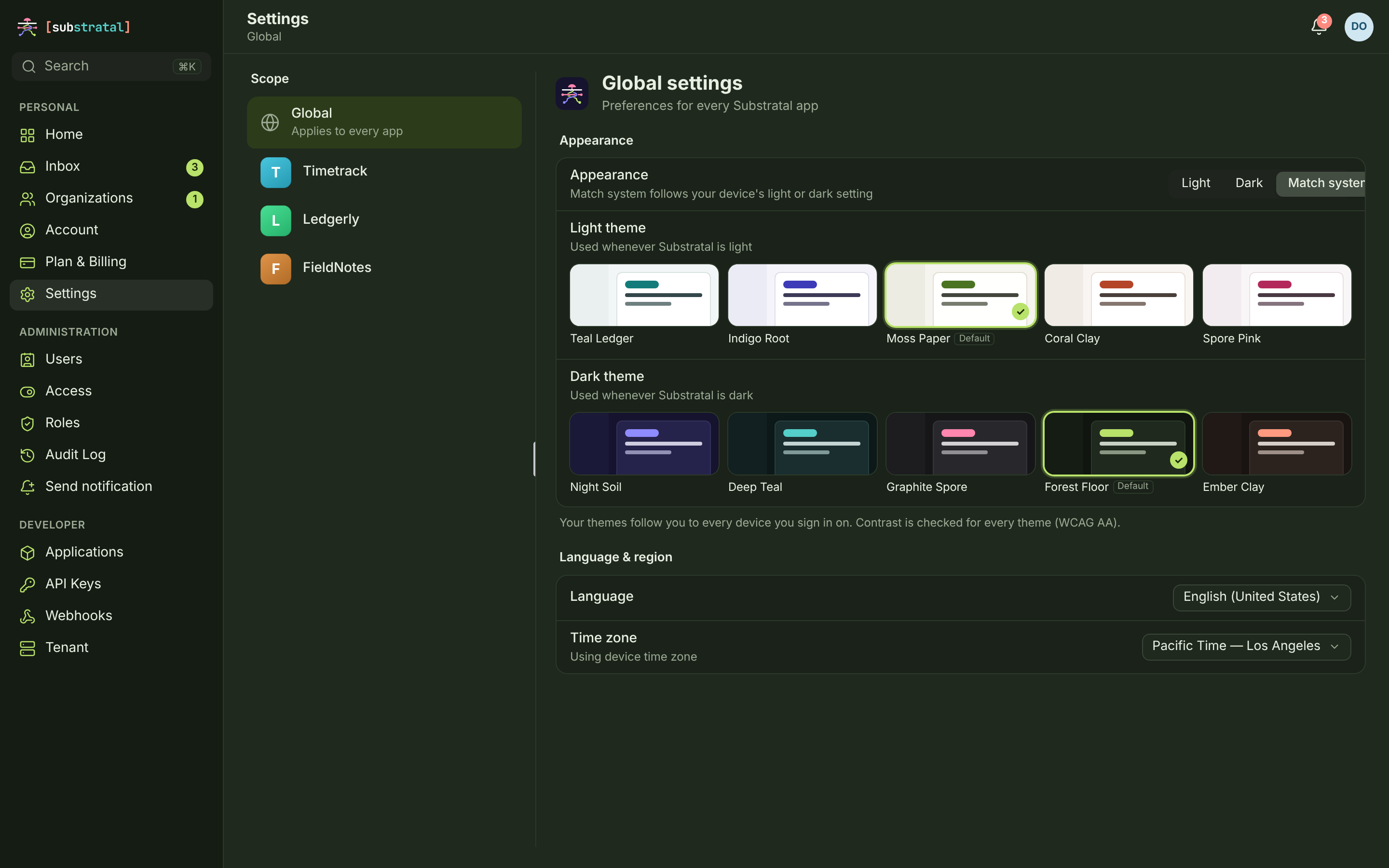 SET-01 · Settings — Appearance & themes — desktop — dark