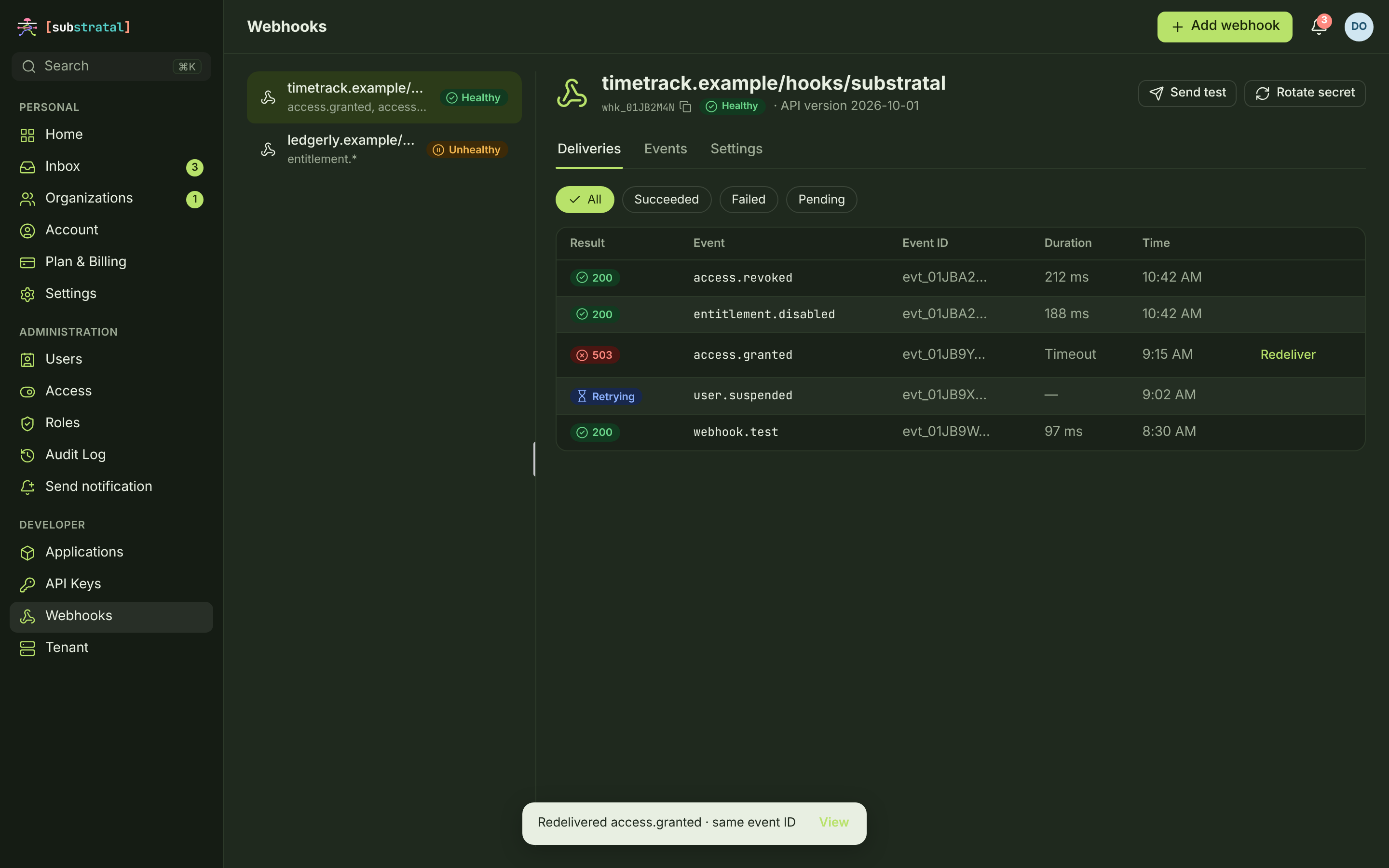 WHK-03 · Webhook deliveries — desktop — dark