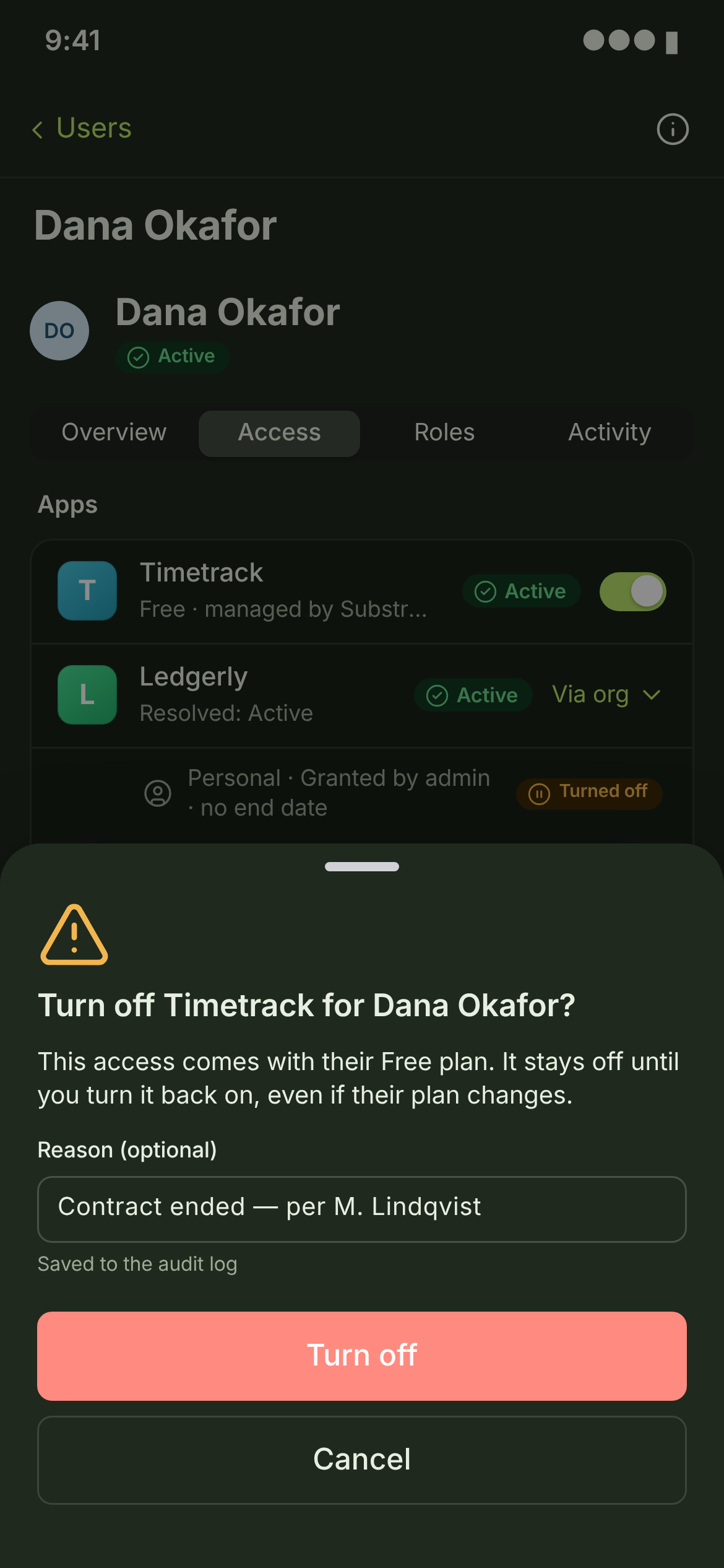 ACX-01 + ACX-03 · Access (managed rows), turn off — phone — dark