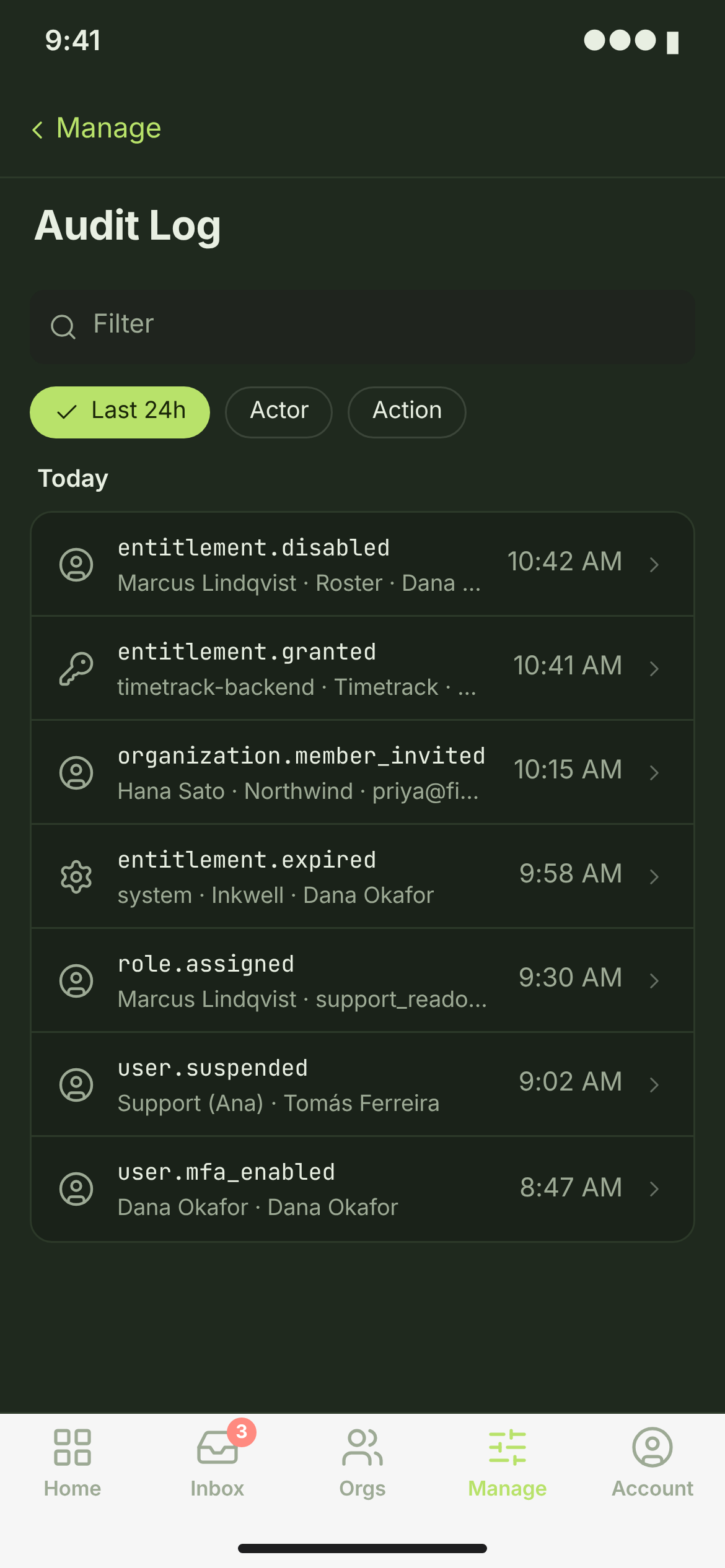 AUD-01 + AUD-02 · Audit log — phone — dark