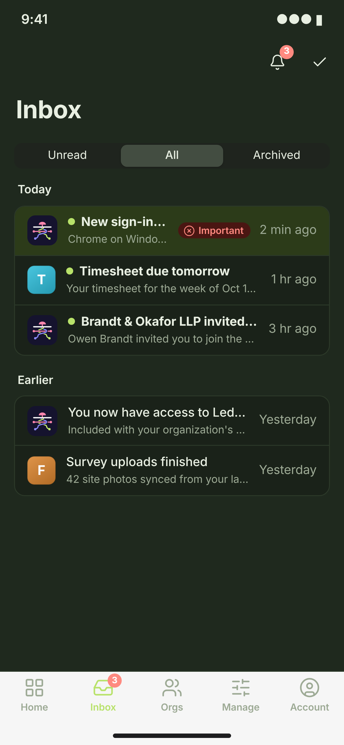 NTF-01/02 · Inbox and notification — phone — dark