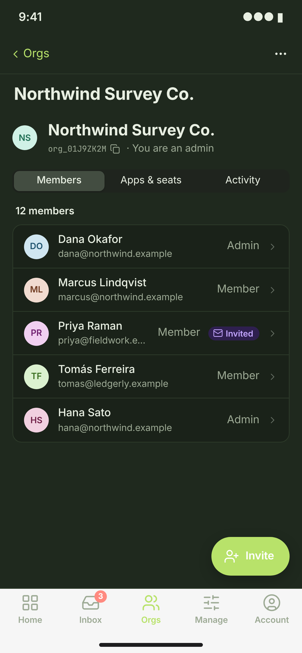 ORG-06 · Organization apps & seats — phone — dark