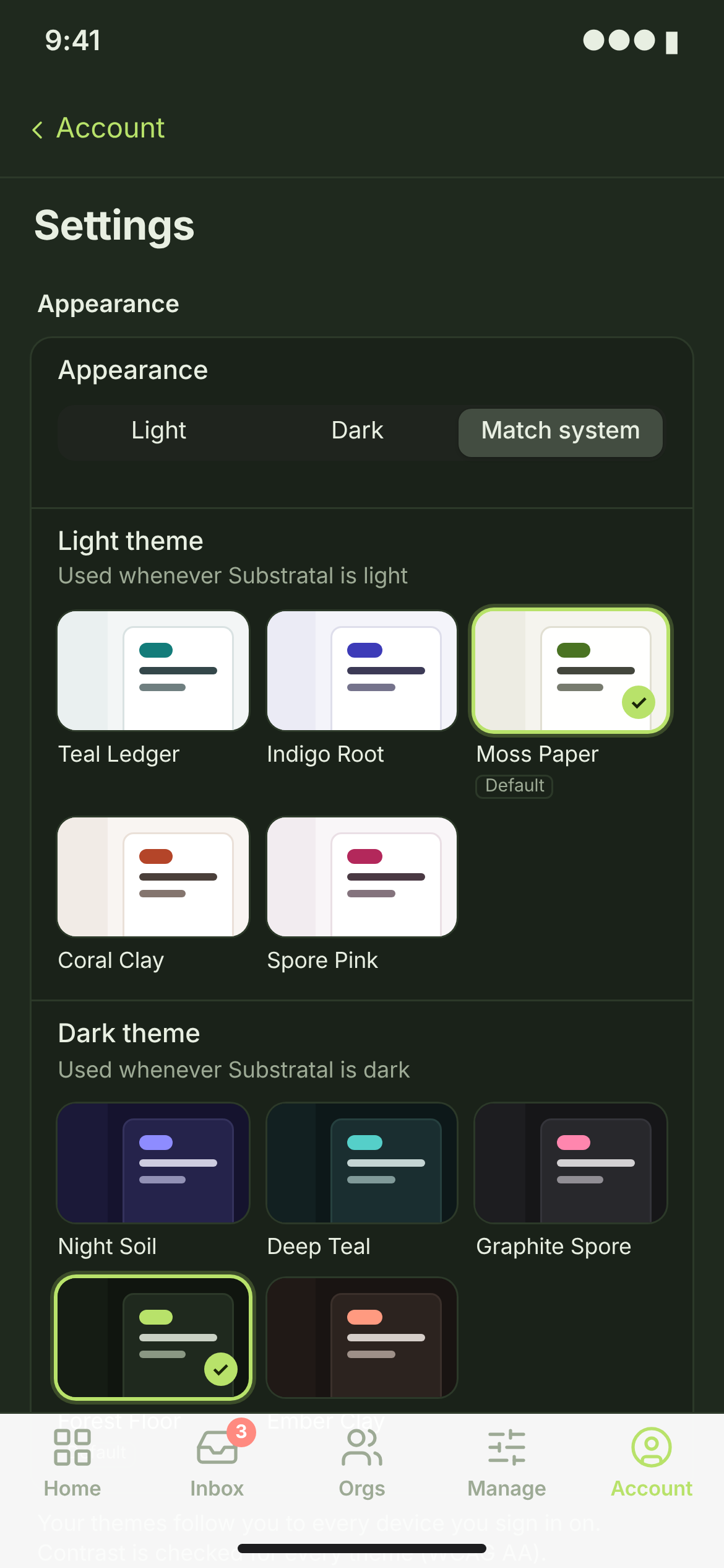 SET-01 · Settings — Appearance & themes — phone — dark