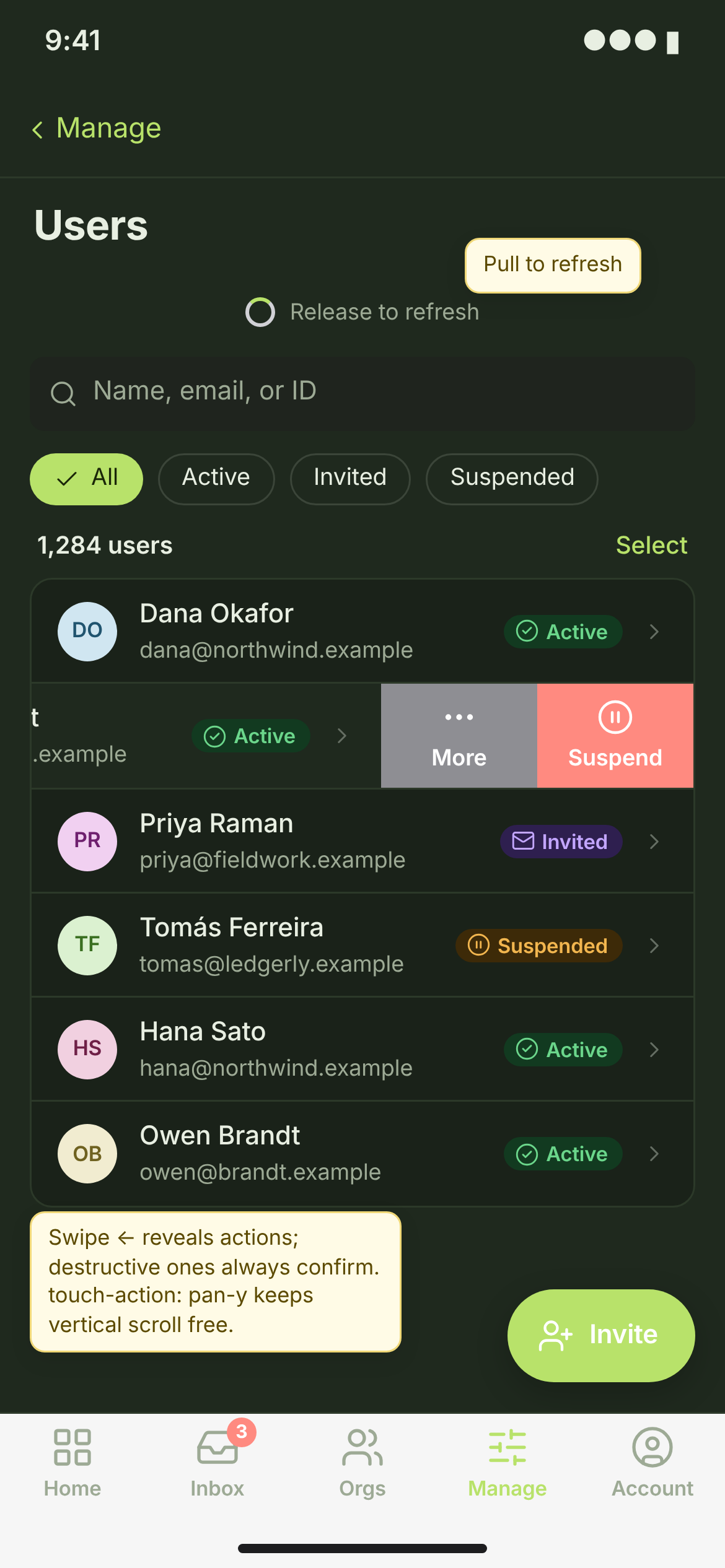 USR-01 · Swipe actions, pull to refresh — phone — dark