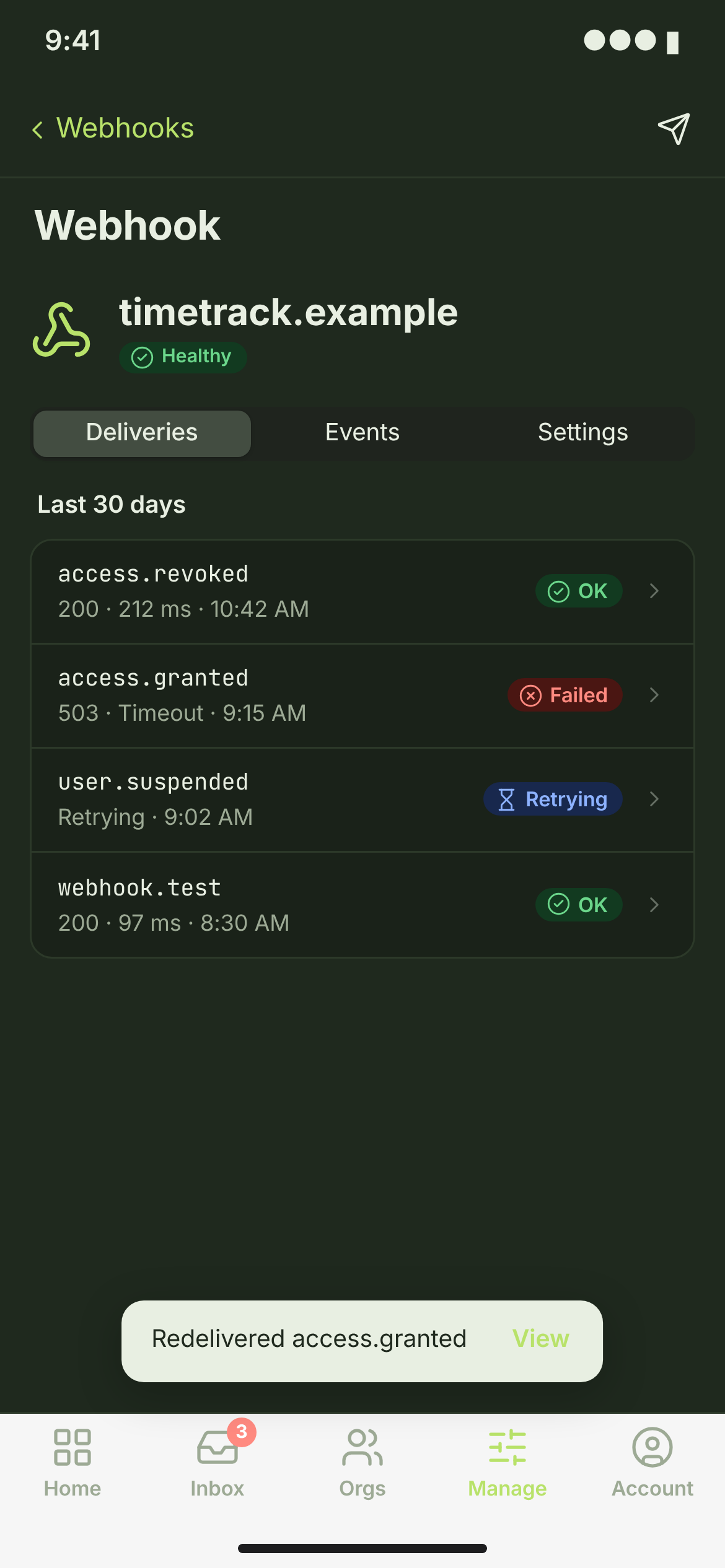 WHK-03 · Webhook deliveries — phone — dark