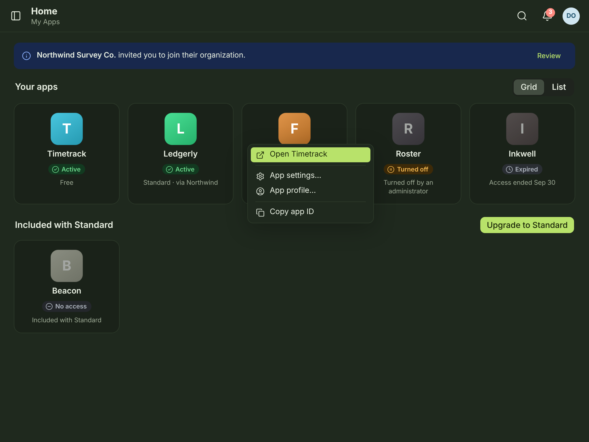 APP-01 · Home — My Apps (Free/Standard tiers) — tablet — dark
