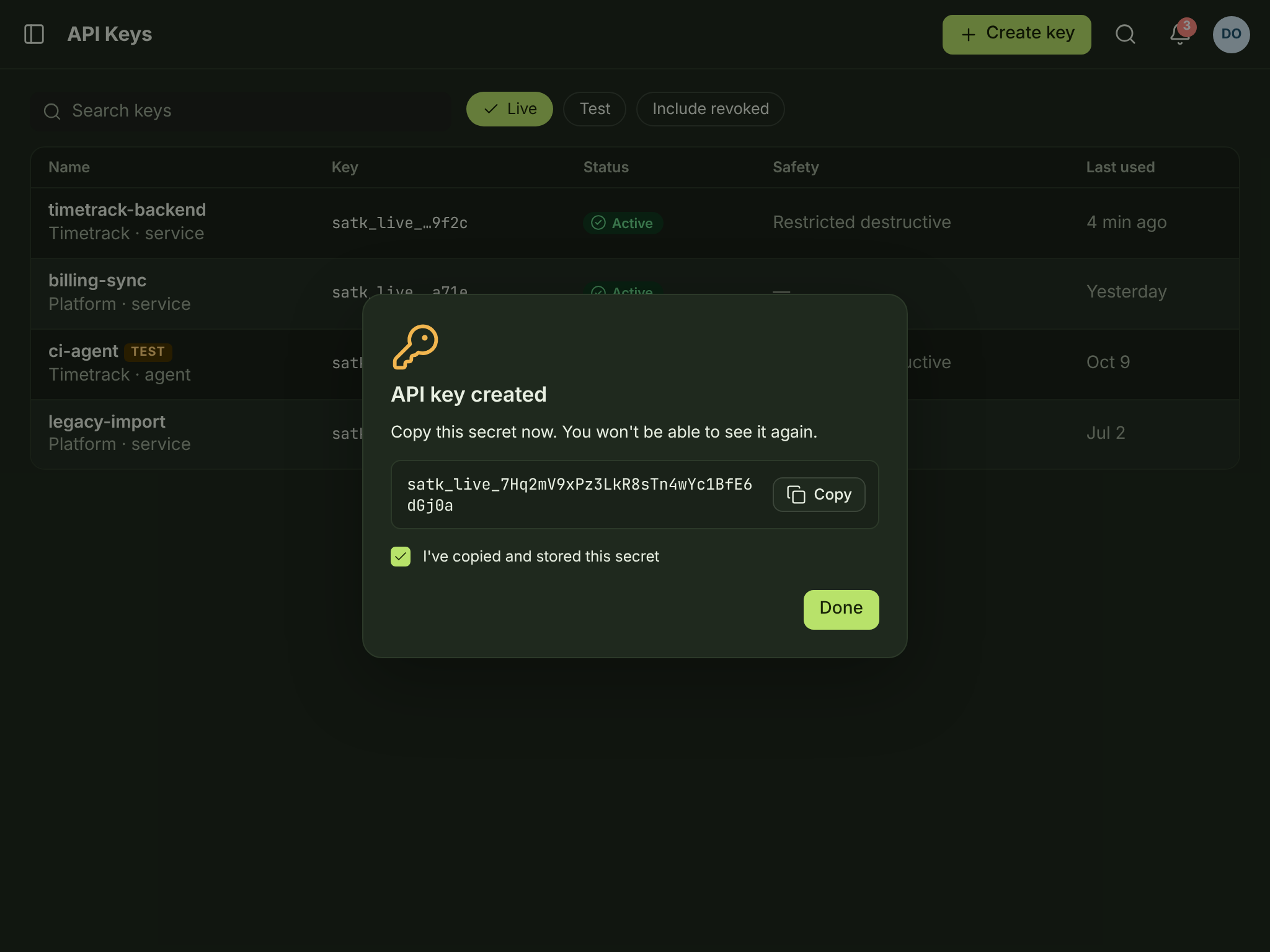 KEY-01 + KEY-03 · API keys, secret reveal — tablet — dark